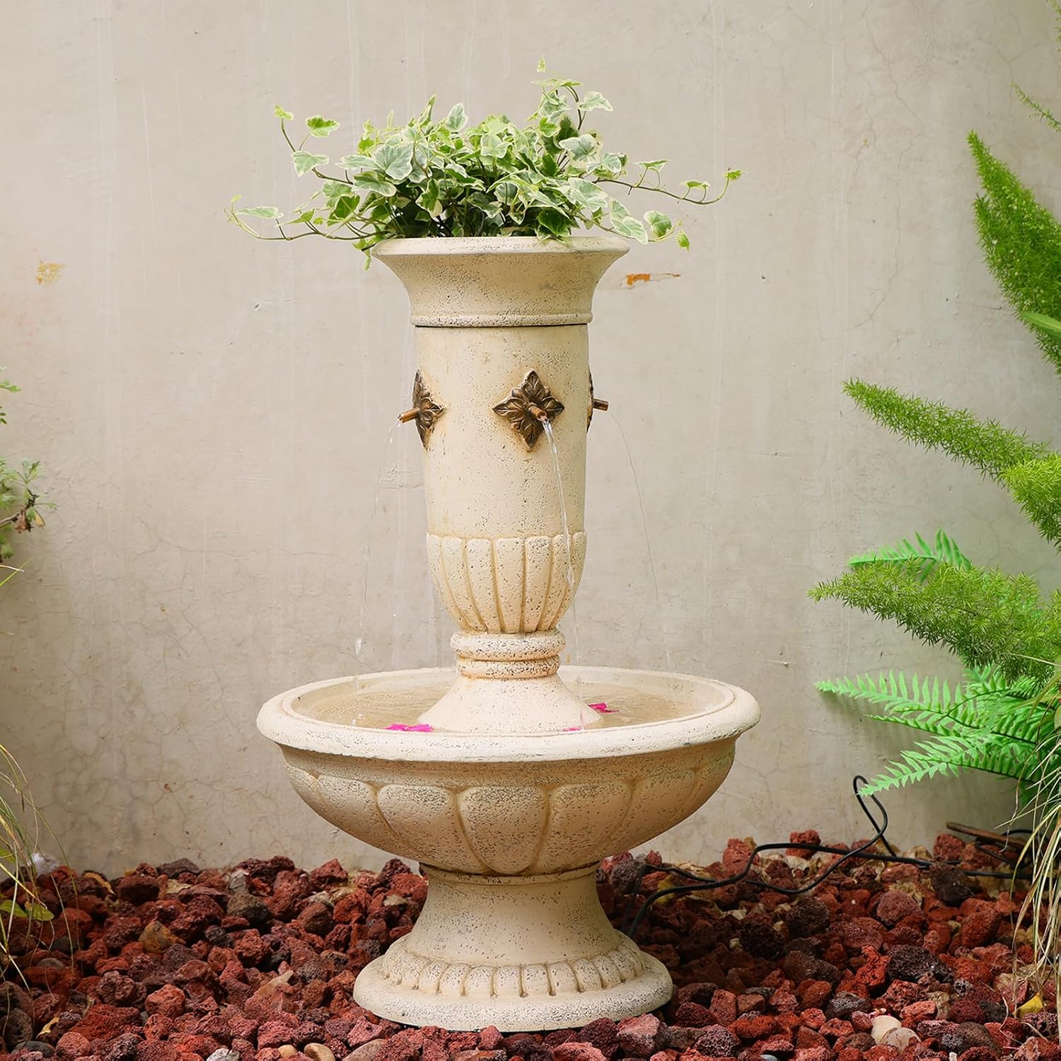 Bumilgar Outdoor Wall Fountain with LED Lights, 25.39' H Freestanding Garden Water Fountain, Large Floor Standing Patio Waterfall Feature, European Resin Flat Back Yard Courtyard Porch Décor