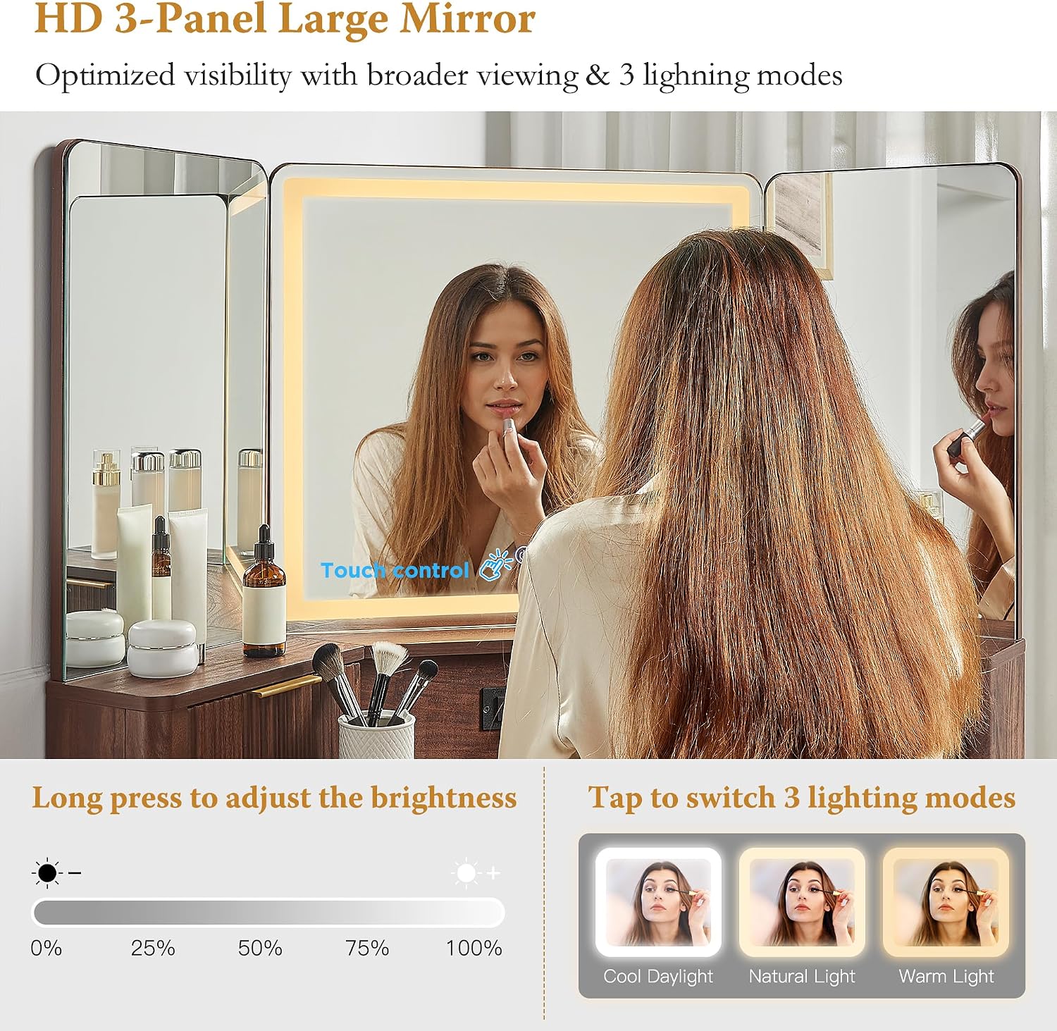T4TREAM 48' Fluted Makeup Vanity Desk with HD Triple Mirror and Lights, Large Lighted Corner Vanity with Glass Top, Modern Dressing Table with 3 Drawers & 2 Cabinets for Bedroom, Dark Walnut