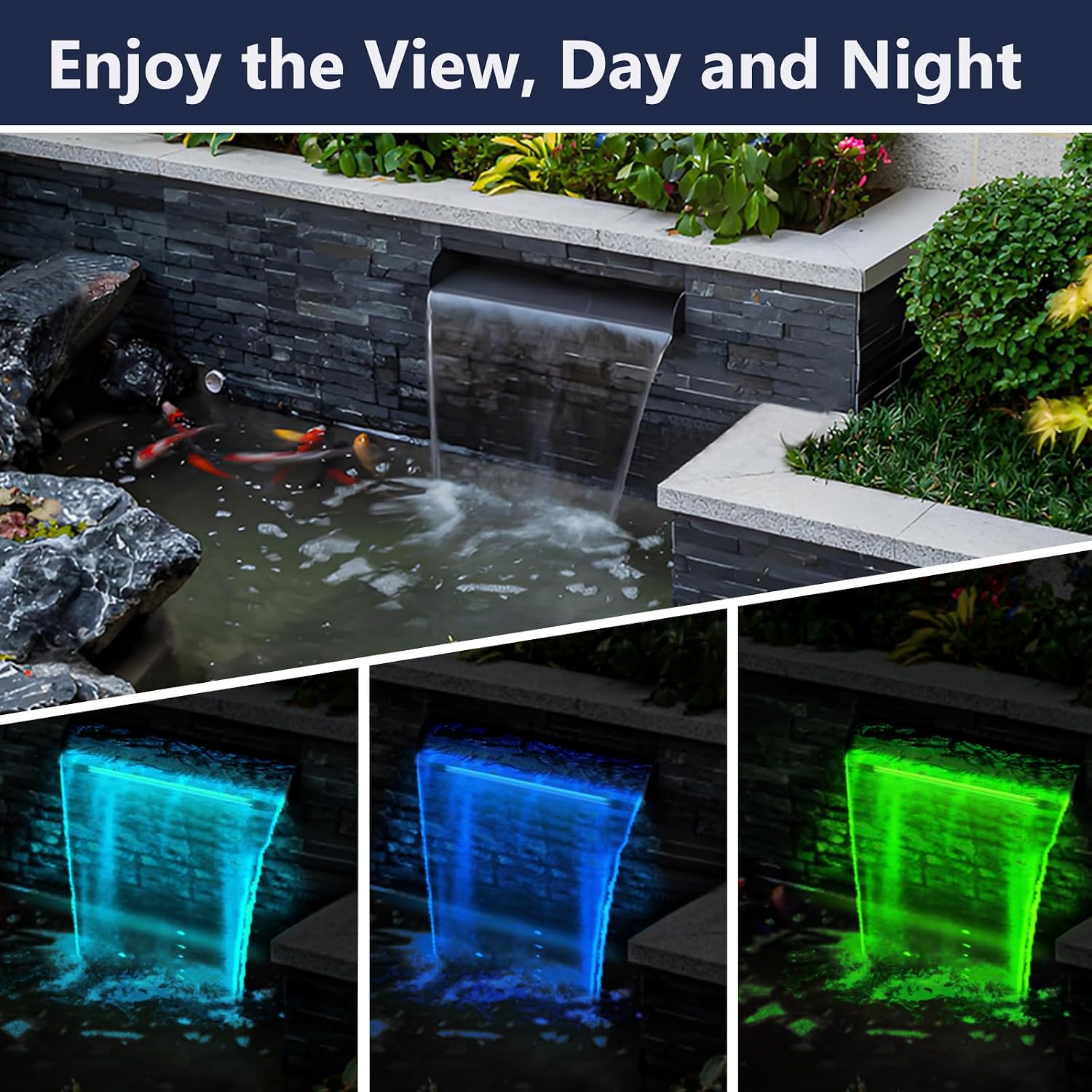 AquaMiracle Pond Waterfall Kit with LED Lights, All-in-1 Stainless Steel Spillway with 800GPH Water Pump, Outdoor Waterfall Fountain for Garden, Backyard & Pool Decor (18inch)