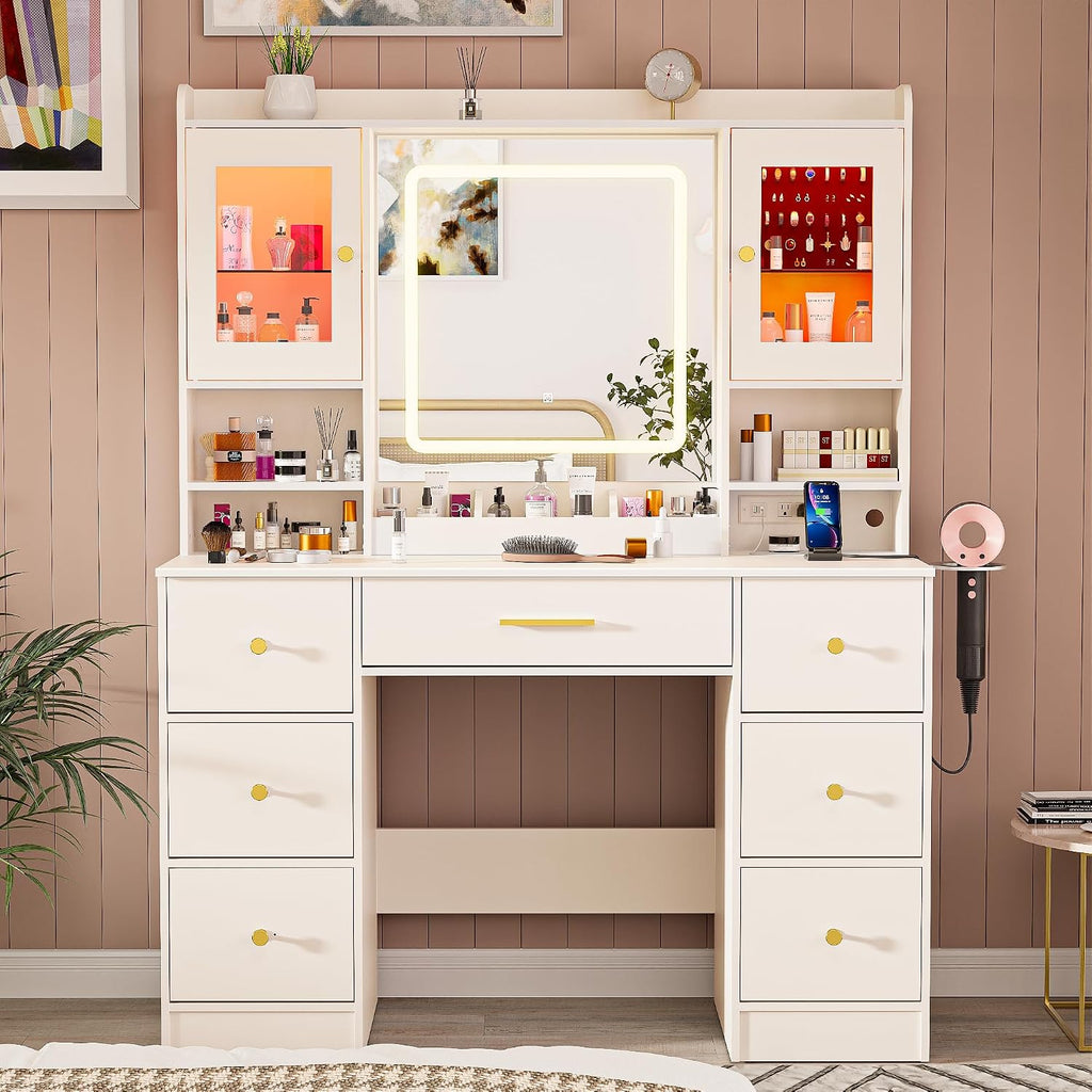 LAKEMID White Makeup Vanity Desk with Mirror and Lights,Make Up Vanity Table with Lighted Mirror 7 Drawers, Modern Vanity with Power Outlet RGB Cabinets,Dressing Table for Bedroom Women Girls