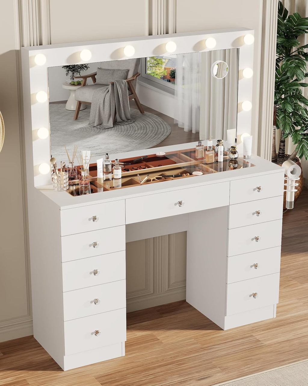 White Vanity with Lighted Mirror, 11 Drawers Vanity with Mirror and 12 LED Lights, 46' Makeup Vanity with 3 Lighting Modes Adjustable Brightness, Vanity Desk with Glass Top for Bedroom
