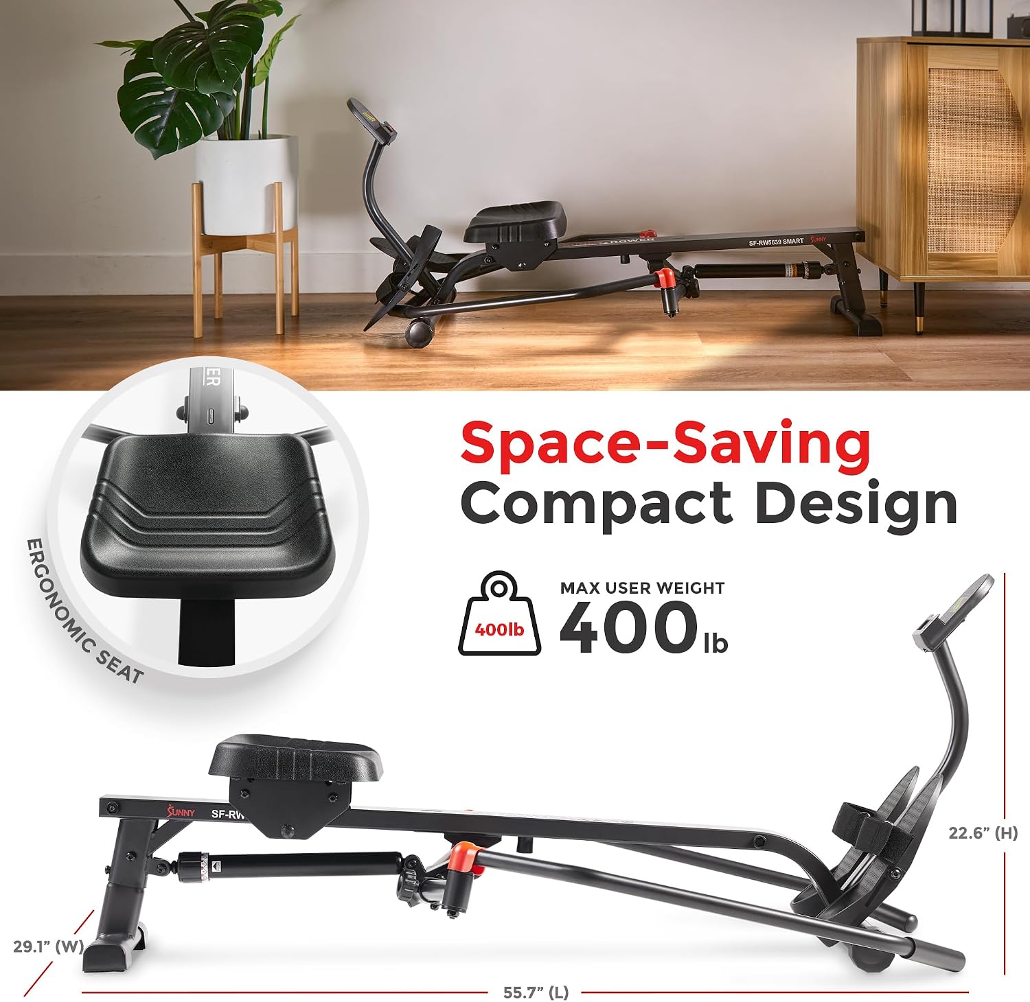 Sunny Health & Fitness Smart Compact 360° Full-Motion Rower, Low-Impact Full-Body Workout Rowing Workout Machine, Wide Motion Range & Space-Saving Design, Free SunnyFit Training App Connection