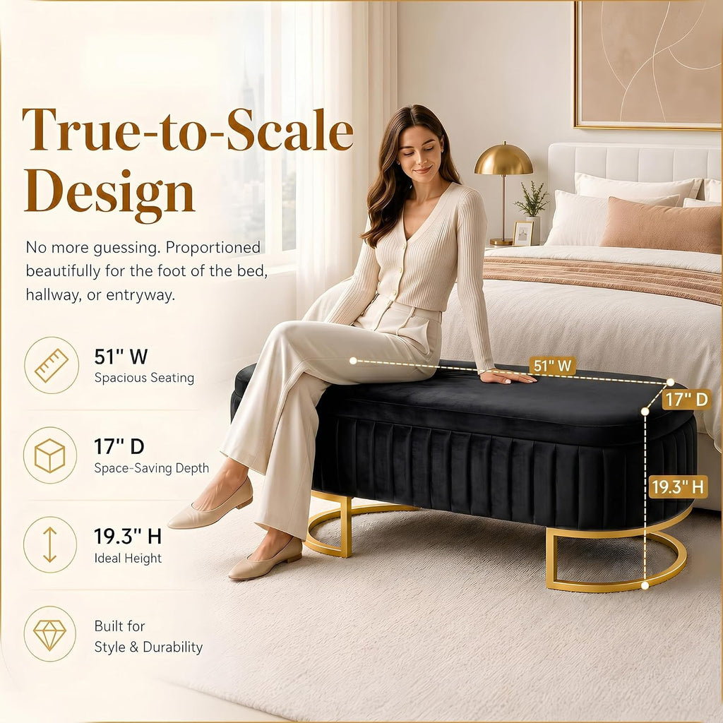 50.5' Modern Velvet Storage Bench, Luxury Channeled Queen Size End of Bed Bench with Hidden Storage and Gold Legs, Modern Glam Ottoman Bench for Bedroom, Living Room, Entryway, Black