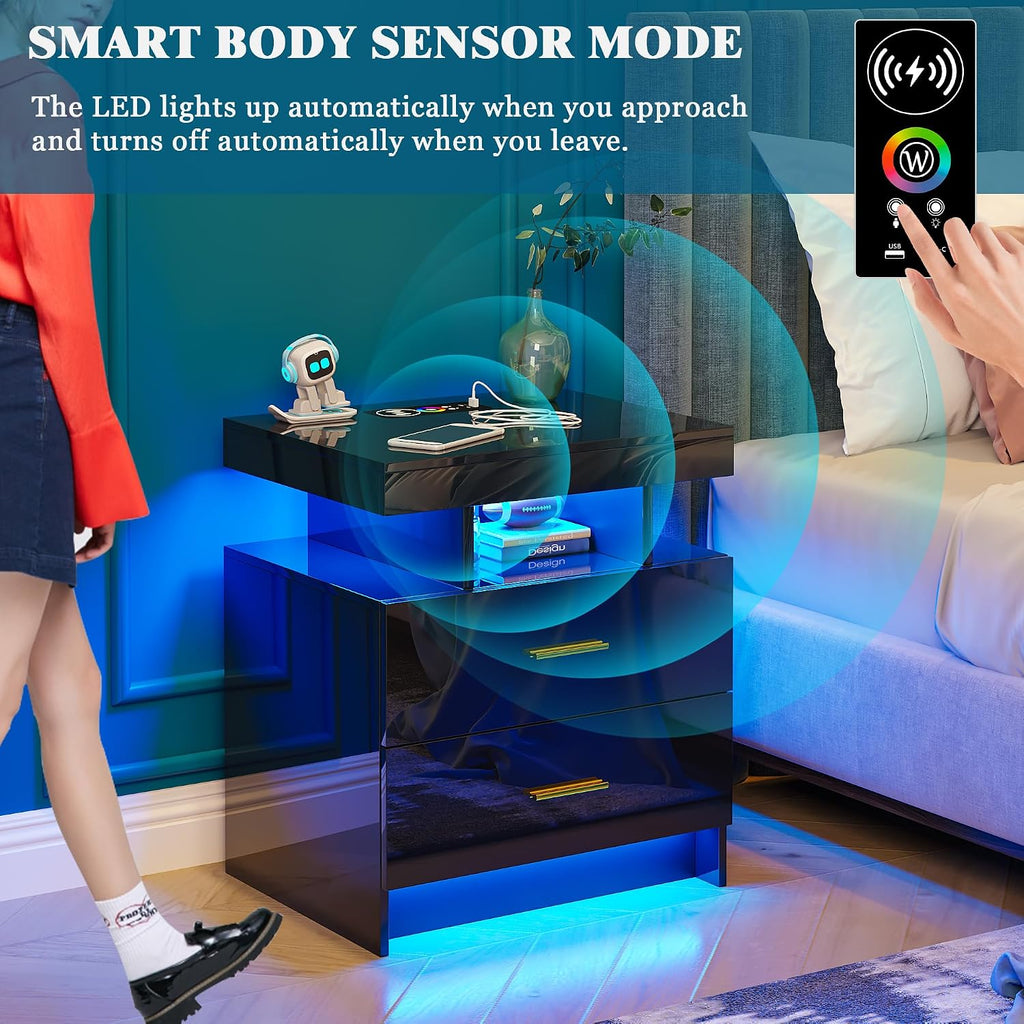 WOOVIVS Night Stand Set 2 with USB/Type-C/Wireless Charging Station, Blakc Nightstands with RGB Auto LED Lights, Modern Bedside Table Set of 2 with 2 Drawers for Bedroom Furniture