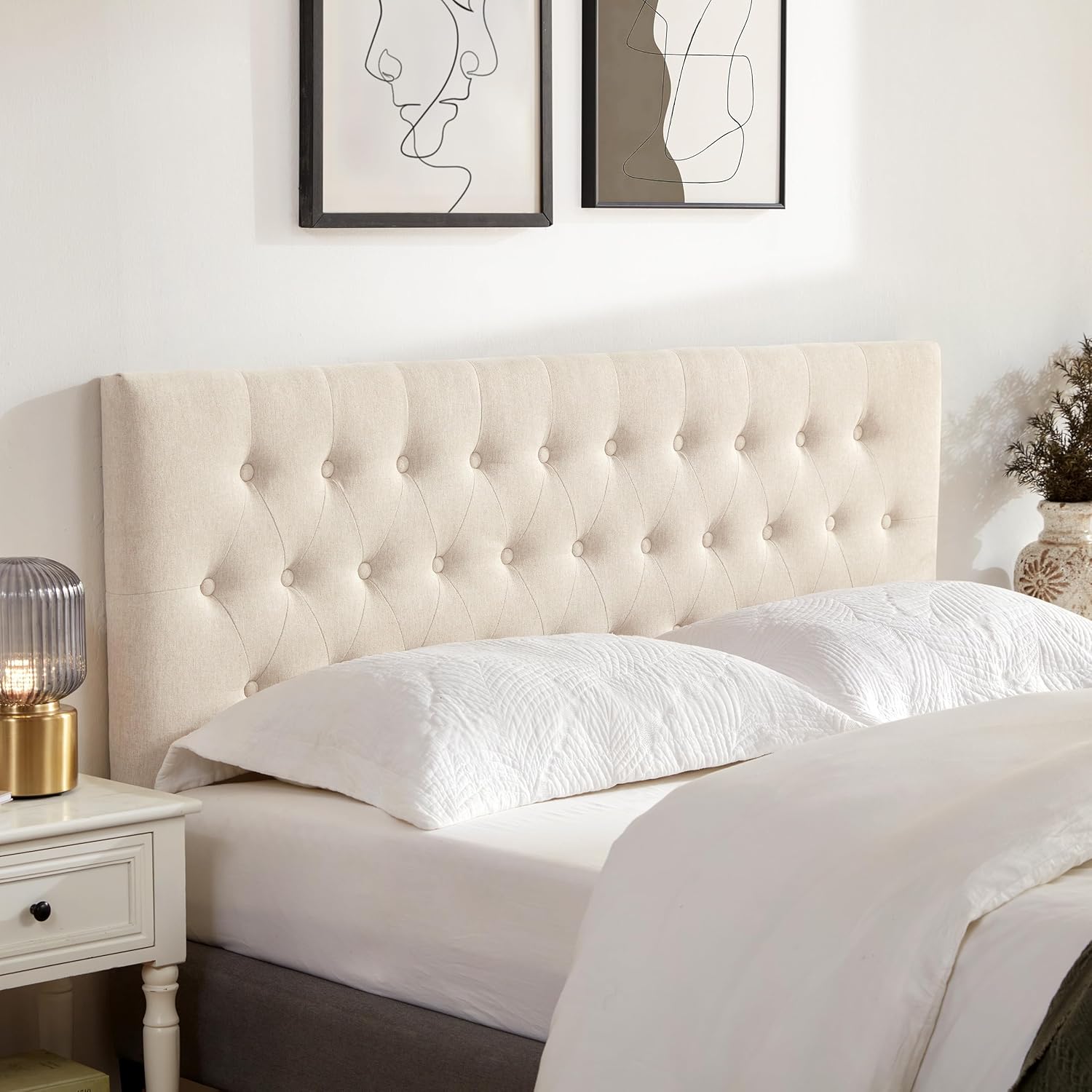 Huatean Home Tufted Upholstered Headboard King Size, Solid Wood Head Board with Durable Metal Legs, Adjustable Height Bed headboard from 37' to 51' Fabric Headboard in Modern Button Design, Beige