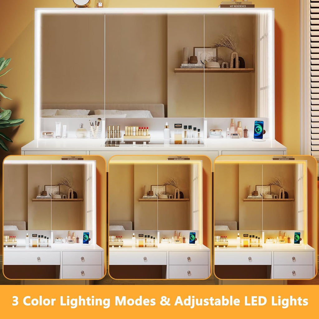 HUAHUU Vanity Desk with Mirror and Lights, 50' Makeup Vanity with Glass Top & Power Outlet, White Vanity with 11 Drawers & 8 Hidden Storage Shelves, 3 LED Lighting Modes Adjustable for Bedroom