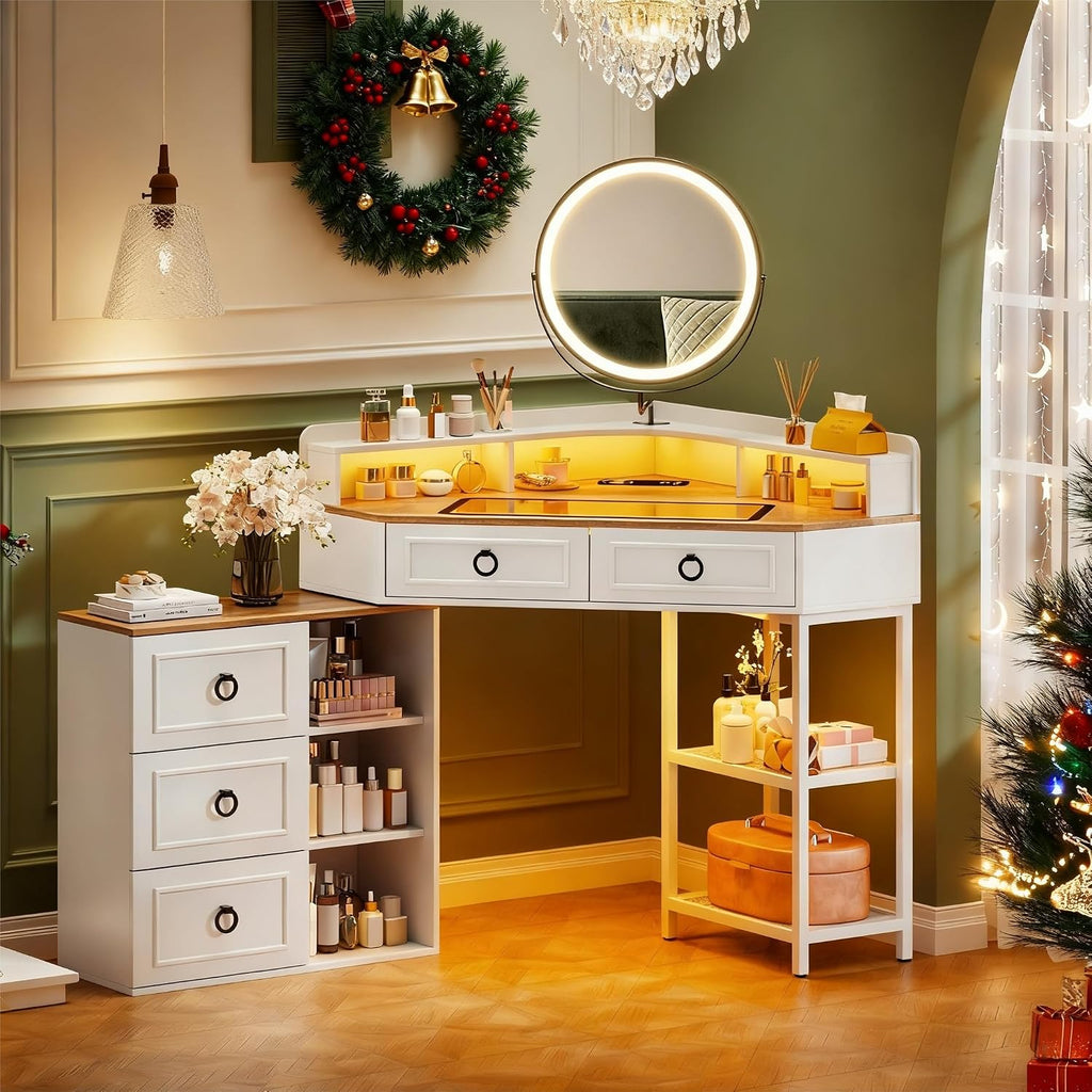 Lvifur Corner Vanity Desk with Mirror and Lights,White Corner Makeup Vanity with Charging Station, 3 Color Led Light Settings, 5 Drawers, and Open Shelves for Bedroom, Women, and Girls