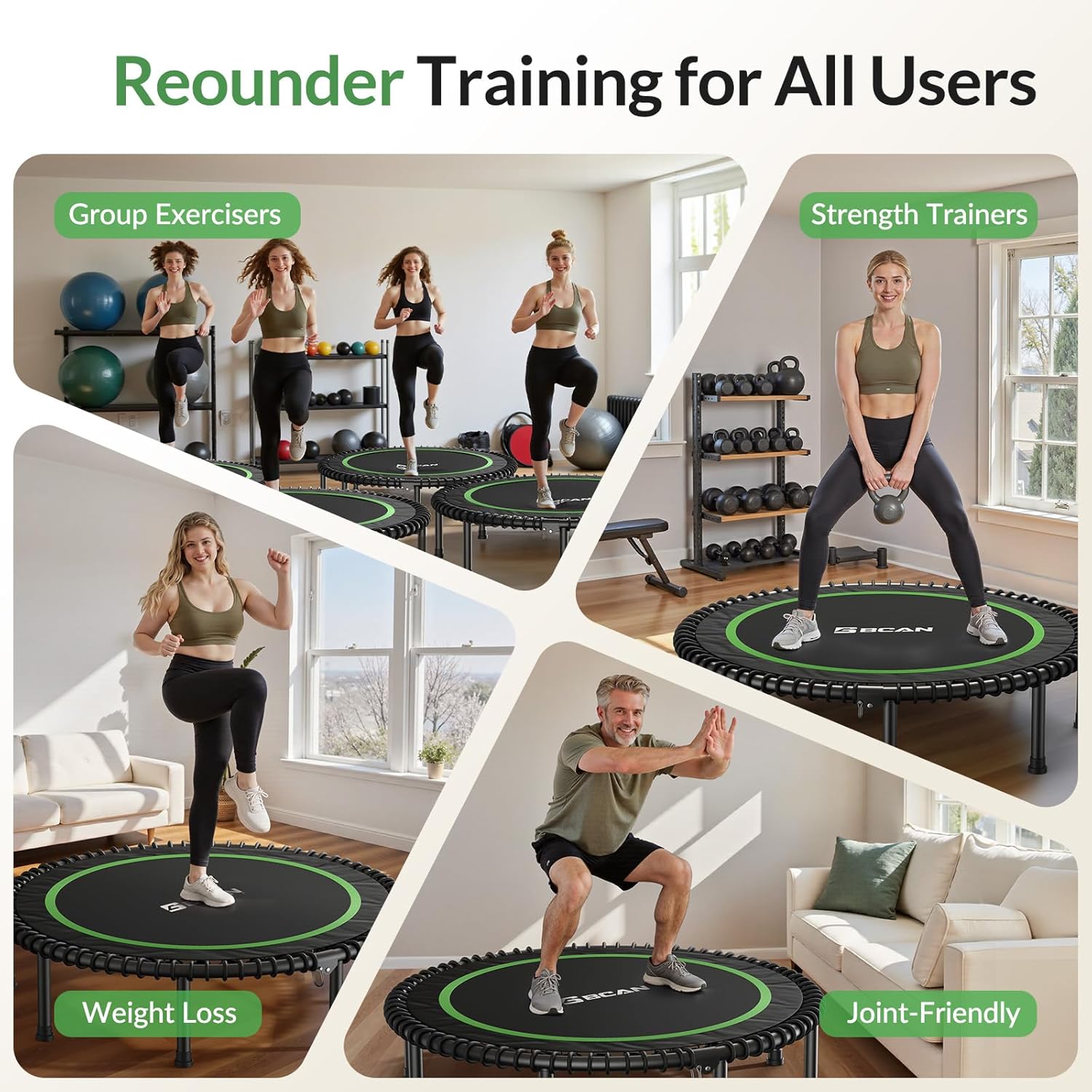 BCAN 450/550LBS Mini Rebounder Trampoline for Adults, 40'/48' Foldable Fitness Trampoline with Bungees, Quiet & Stable Exercise Trampoline Indoor/Home/Garden (BT2, Without Handle)