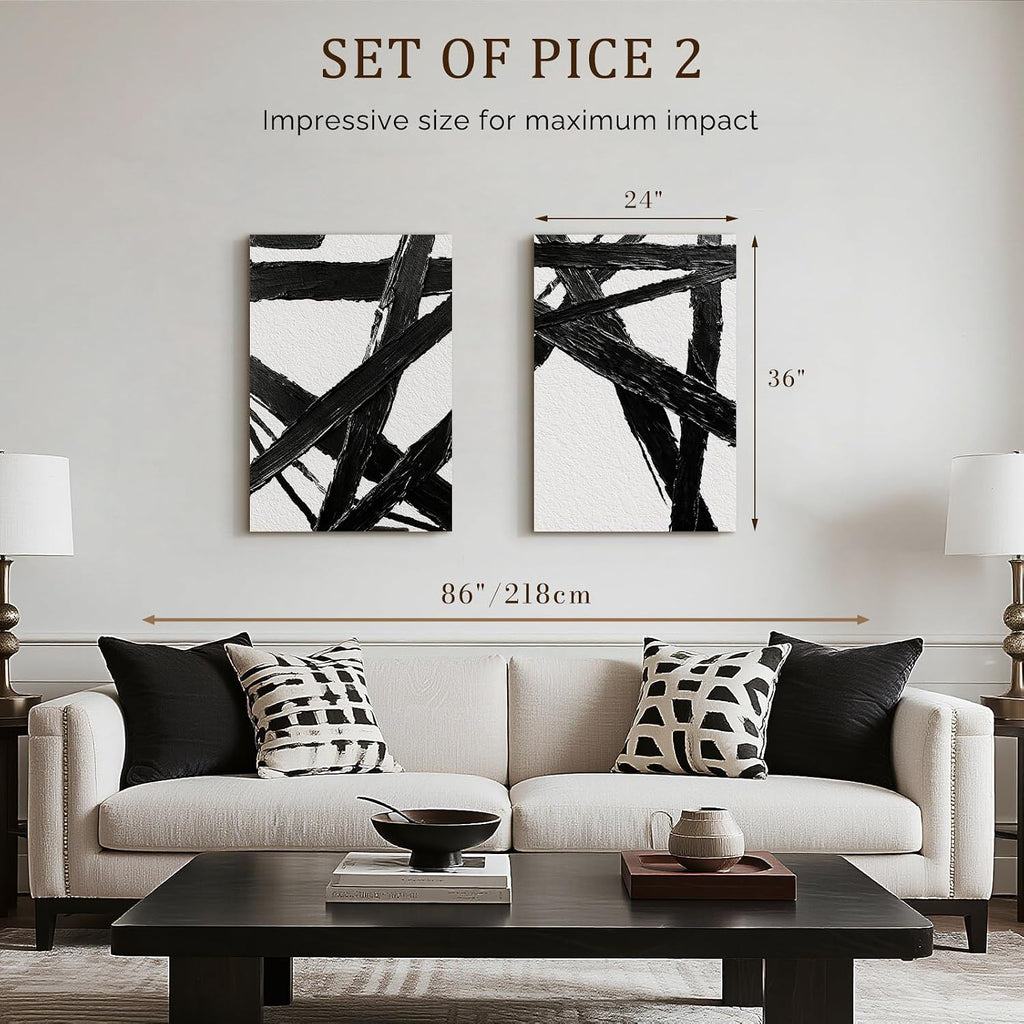 Bzstyleart Large Abstract Wall Art for Living Room, Set of 2 Black and White Modern Neutral Wall Art Hallway Office Bedroom, Boho Modern Minimalist Print Painting Large Abstract Artwork, 24 x 36 Inch