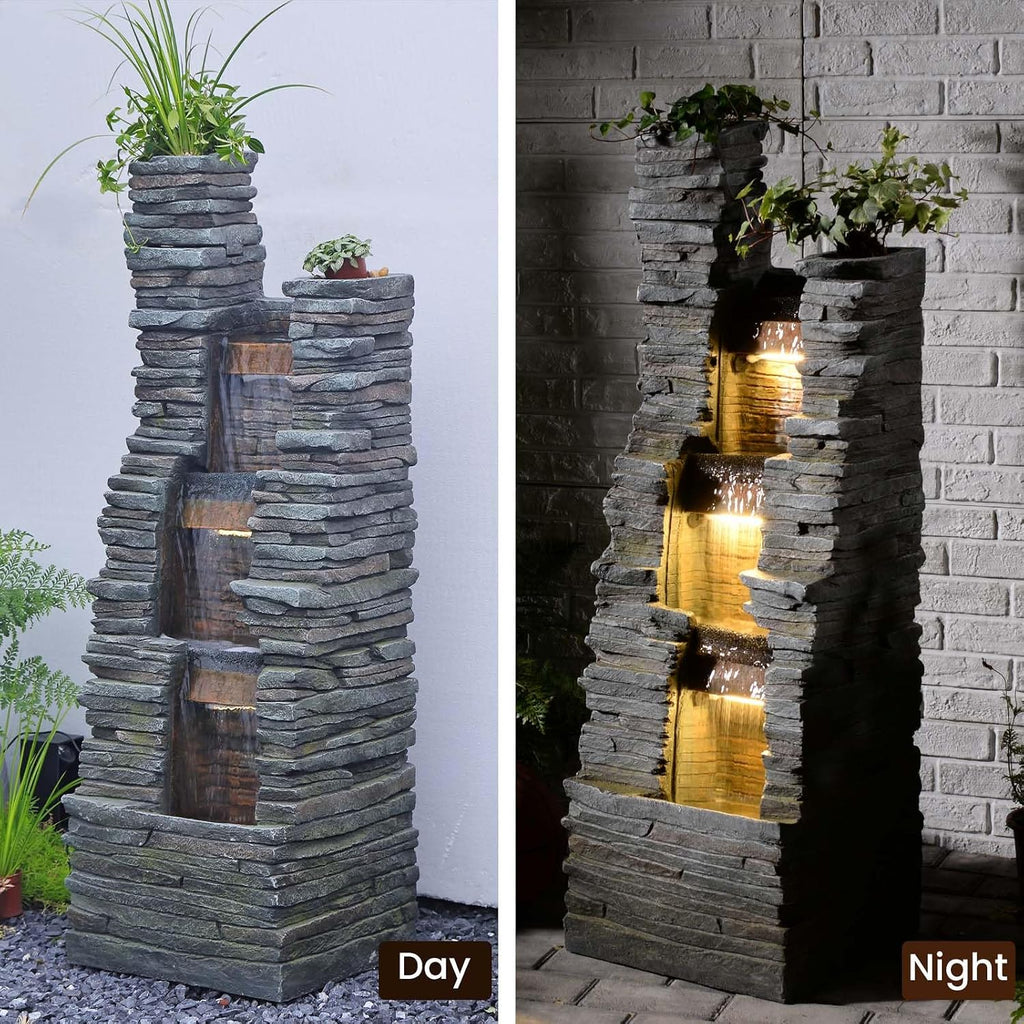 Bumilgar 47' H Garden Water Fountain Outdoor with LED Lights & Pump, 3-Tier Cascading Outdoor Fountain for Garden,Patio,Porch,Backyard,Home Art Decor (Gray)