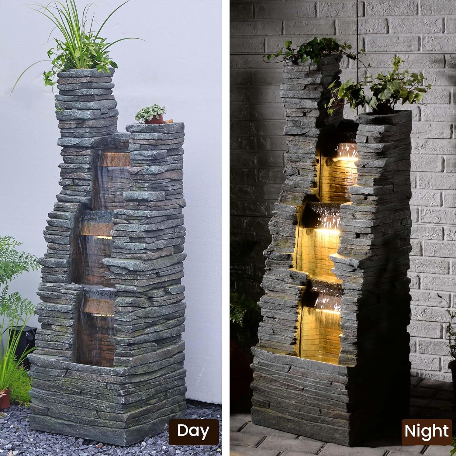 Bumilgar 47' H Garden Water Fountain Outdoor with LED Lights & Pump, 3-Tier Cascading Outdoor Fountain for Garden,Patio,Porch,Backyard,Home Art Decor (Gray)