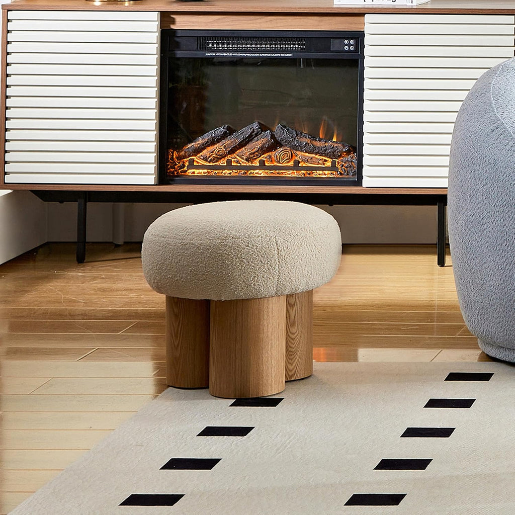 Mushroom Ottoman Stool with Teddy Fabric Round Seat, Three-Leg Wood Grain Base, Plush Foot Rest for Entryway Living Room Bedroom Vanity Makeup Corner Accent Seating Side Table Modern (Greige)