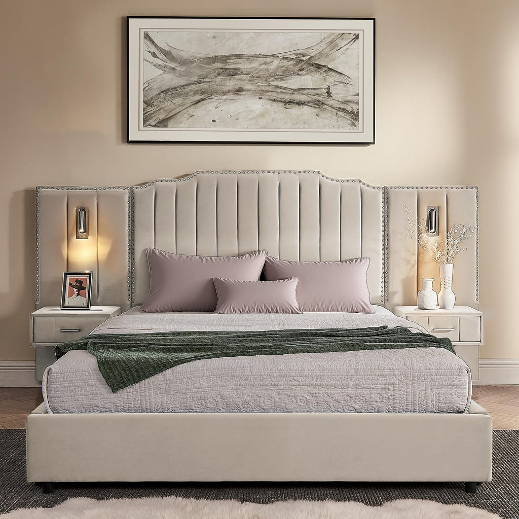 Velvet Upholstered Queen Size Platform Bed Frame with 48' Tall Headboard, Built-in Nightstands & Storage Drawers, No Box Spring Needed, Modern Beige Bedroom Furniture Set