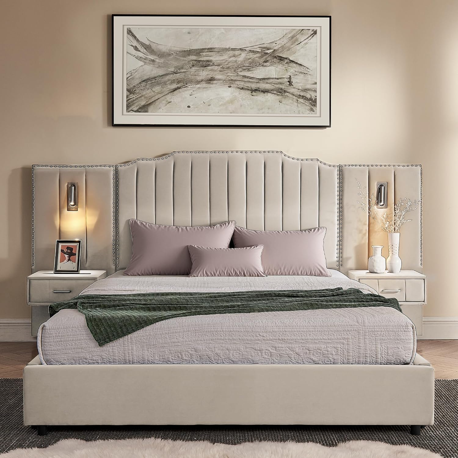 Velvet Upholstered Queen Size Platform Bed Frame with 48' Tall Headboard, Built-in Nightstands & Storage Drawers, No Box Spring Needed, Modern Beige Bedroom Furniture Set