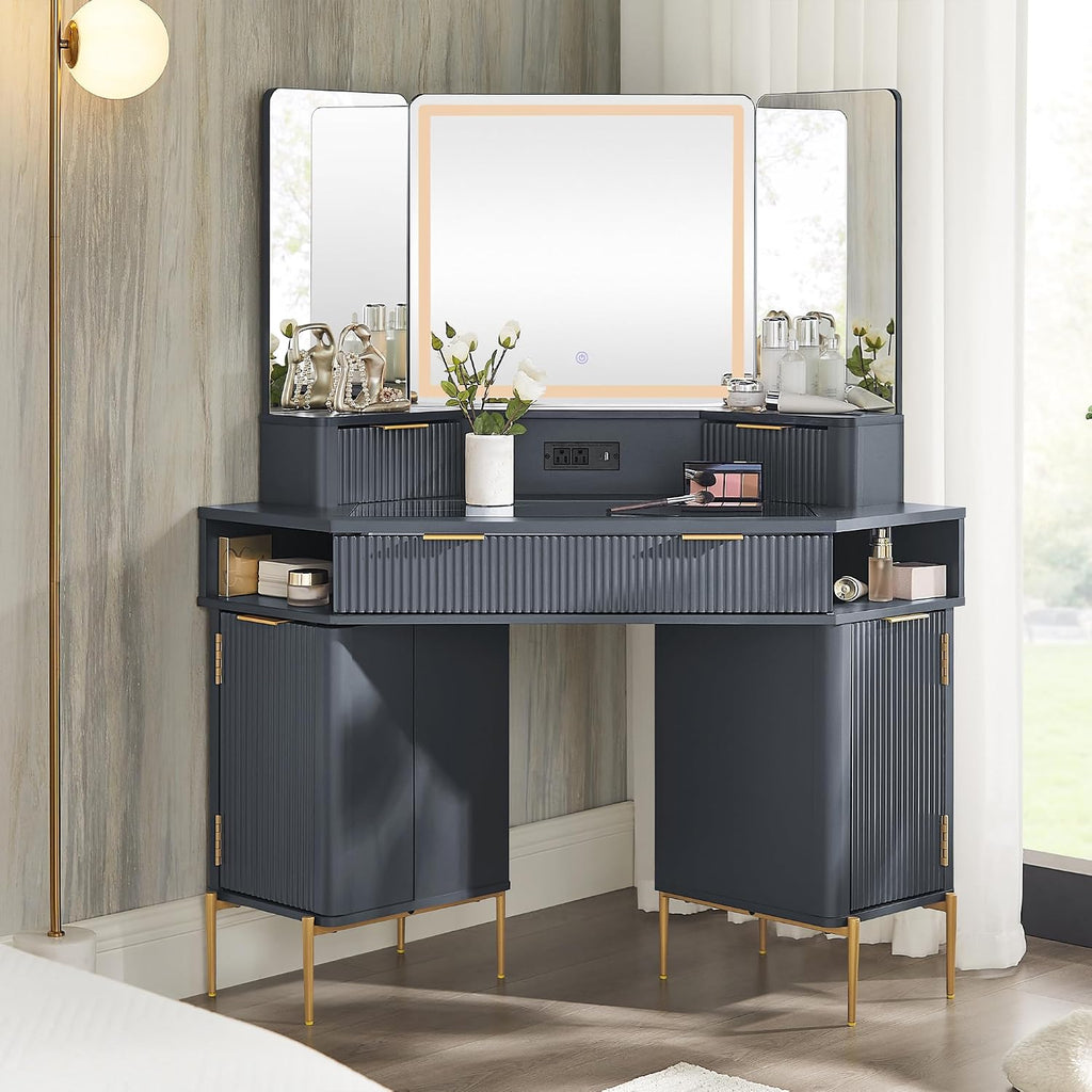 T4TREAM Corner Vanity Desk with Mirror and Lights, 48' Modern Fluted Makeup Vanity with Glass Top, 3-Panel Lighted Mirror & Charging Outlet, Dressing Table with 3 Drawers & 2 Cabinets, Dark Grey