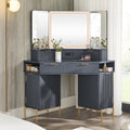 T4TREAM Corner Vanity Desk with Mirror and Lights, 48' Modern Fluted Makeup Vanity with Glass Top, 3-Panel Lighted Mirror & Charging Outlet, Dressing Table with 3 Drawers & 2 Cabinets, Dark Grey