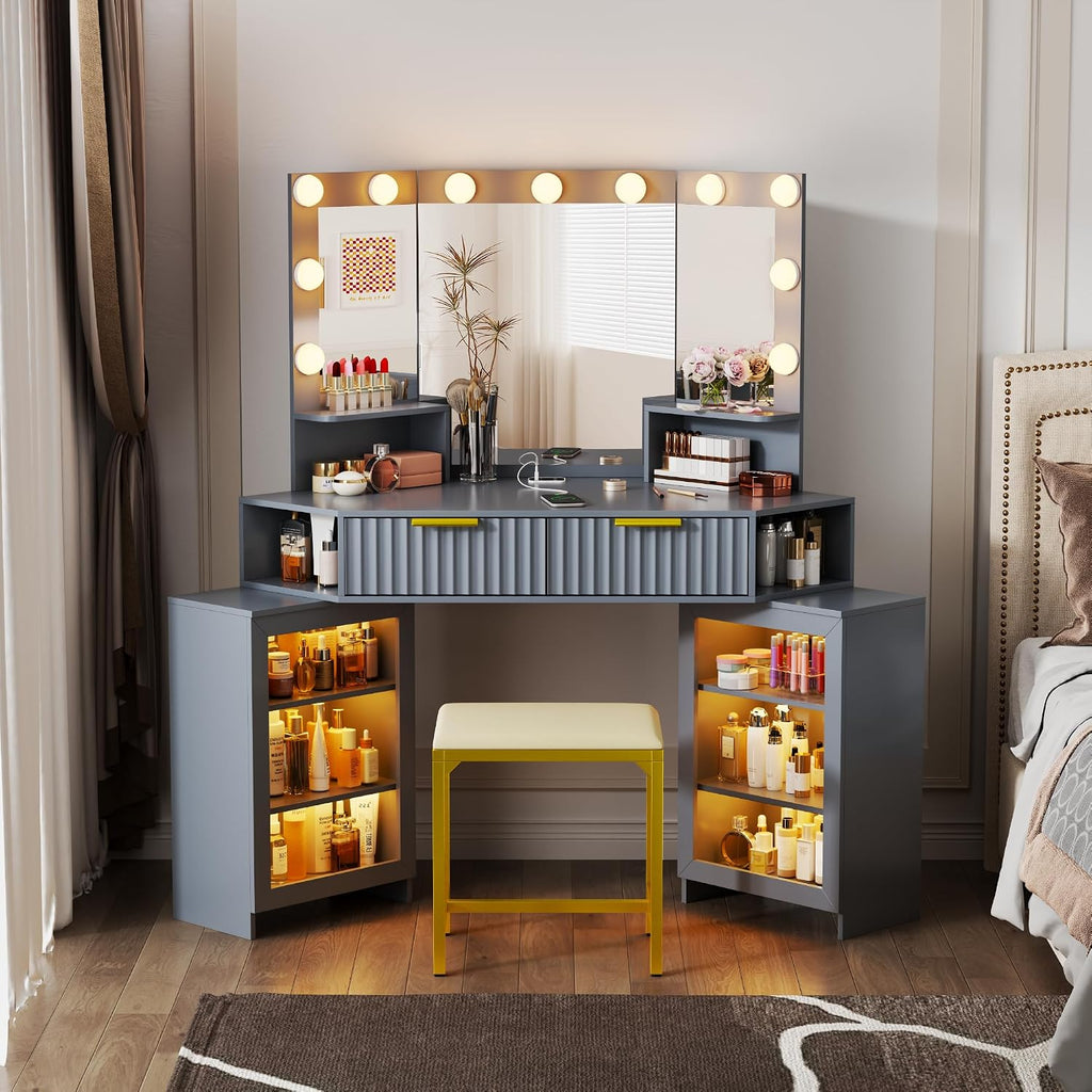 Vanity Desk with Charging Station & LED Lights Mirror – Corner Design HD Triple Mirror Makeup Vanity Table Set with Storage Drawers & Chair for Living Room/Bedroom Ideal Gift (Grey-113)