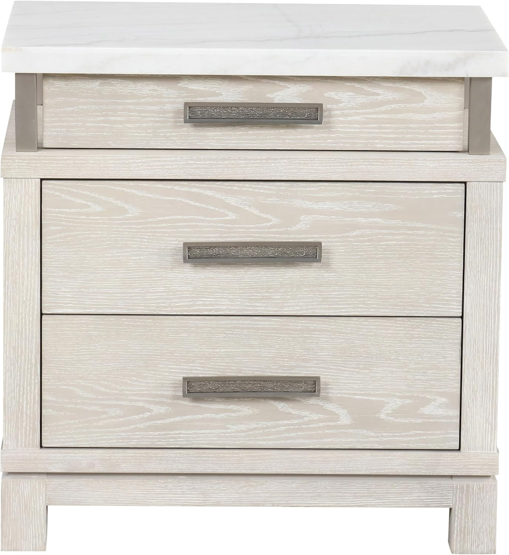 Furniture of America Bailer Modern Solid Wood 3-Piece Bedroom Set with LED on Headboard, Stainless Steal Posts and Marble Top on Nightstand, Box Spring Needed, King, Weathered Gray