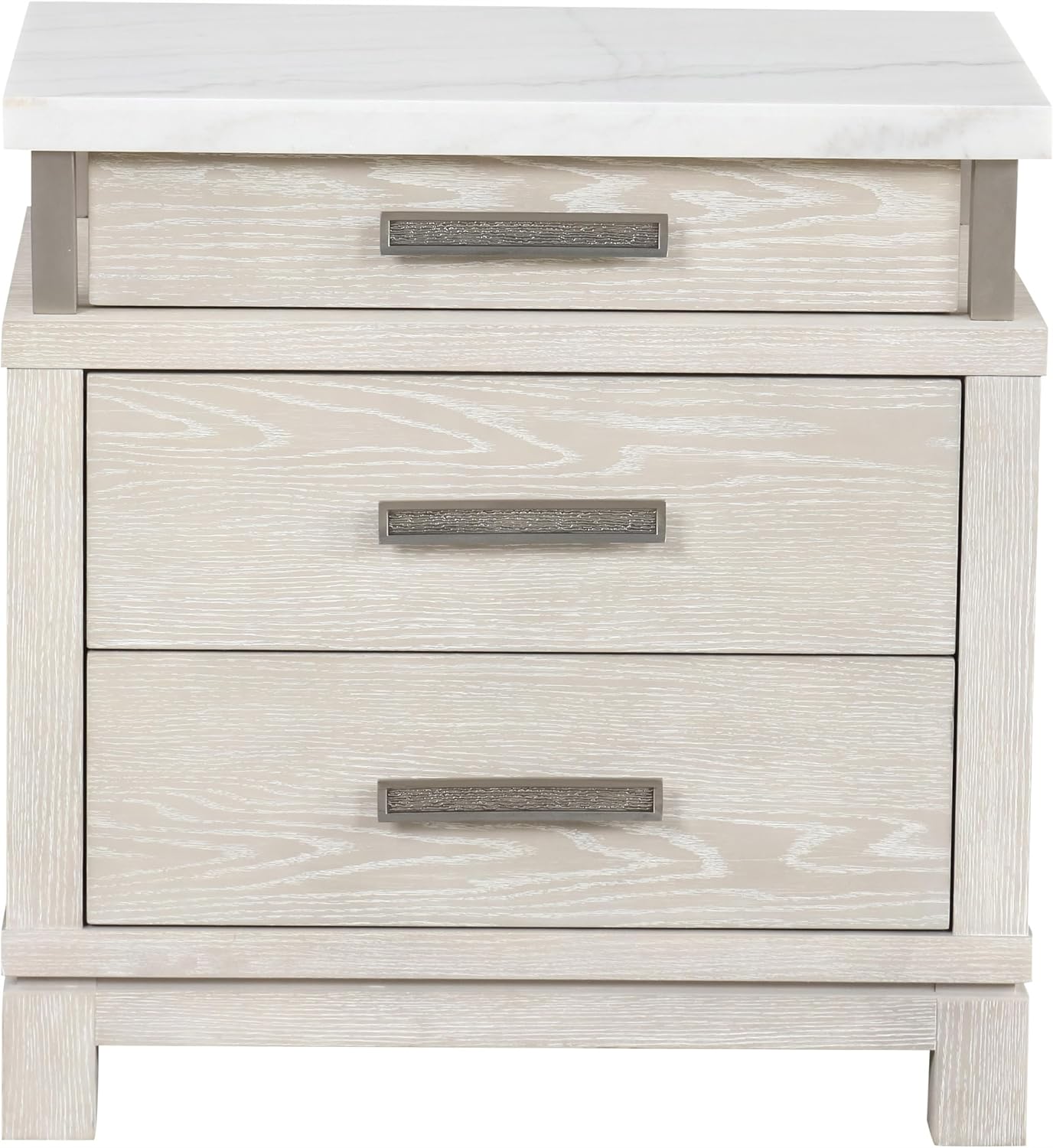 Furniture of America Bailer Modern Solid Wood 3-Piece Bedroom Set with LED on Headboard, Stainless Steal Posts and Marble Top on Nightstand, Box Spring Needed, King, Weathered Gray