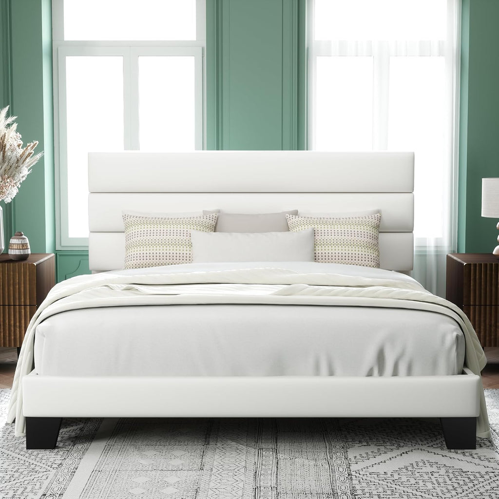 Allewie King Size Platform Bed Frame with Velvet Upholstered Headboard and Wooden Slats Support, Fully Upholstered Mattress Foundation/No Box Spring Needed/Easy Assembly, White