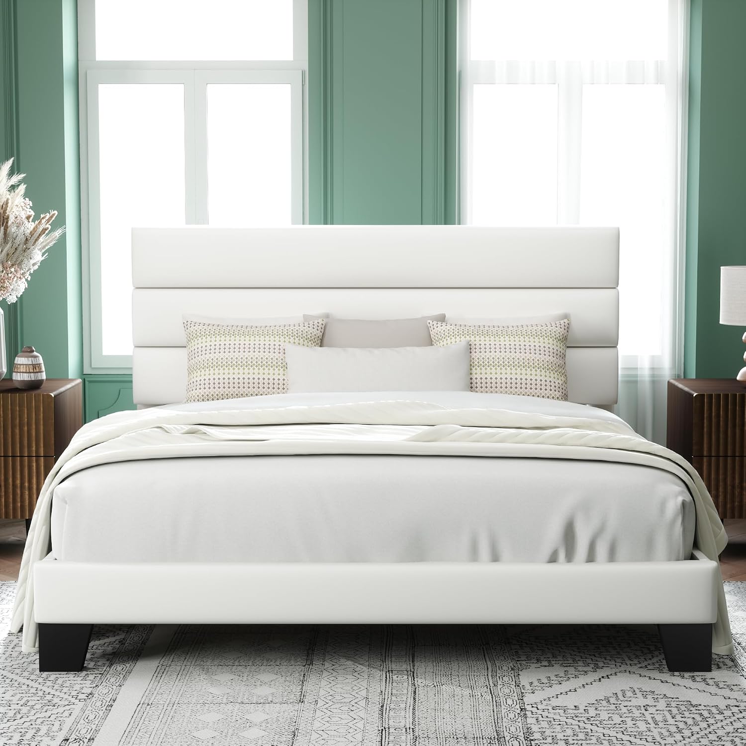 Allewie King Size Platform Bed Frame with Velvet Upholstered Headboard and Wooden Slats Support, Fully Upholstered Mattress Foundation/No Box Spring Needed/Easy Assembly, White