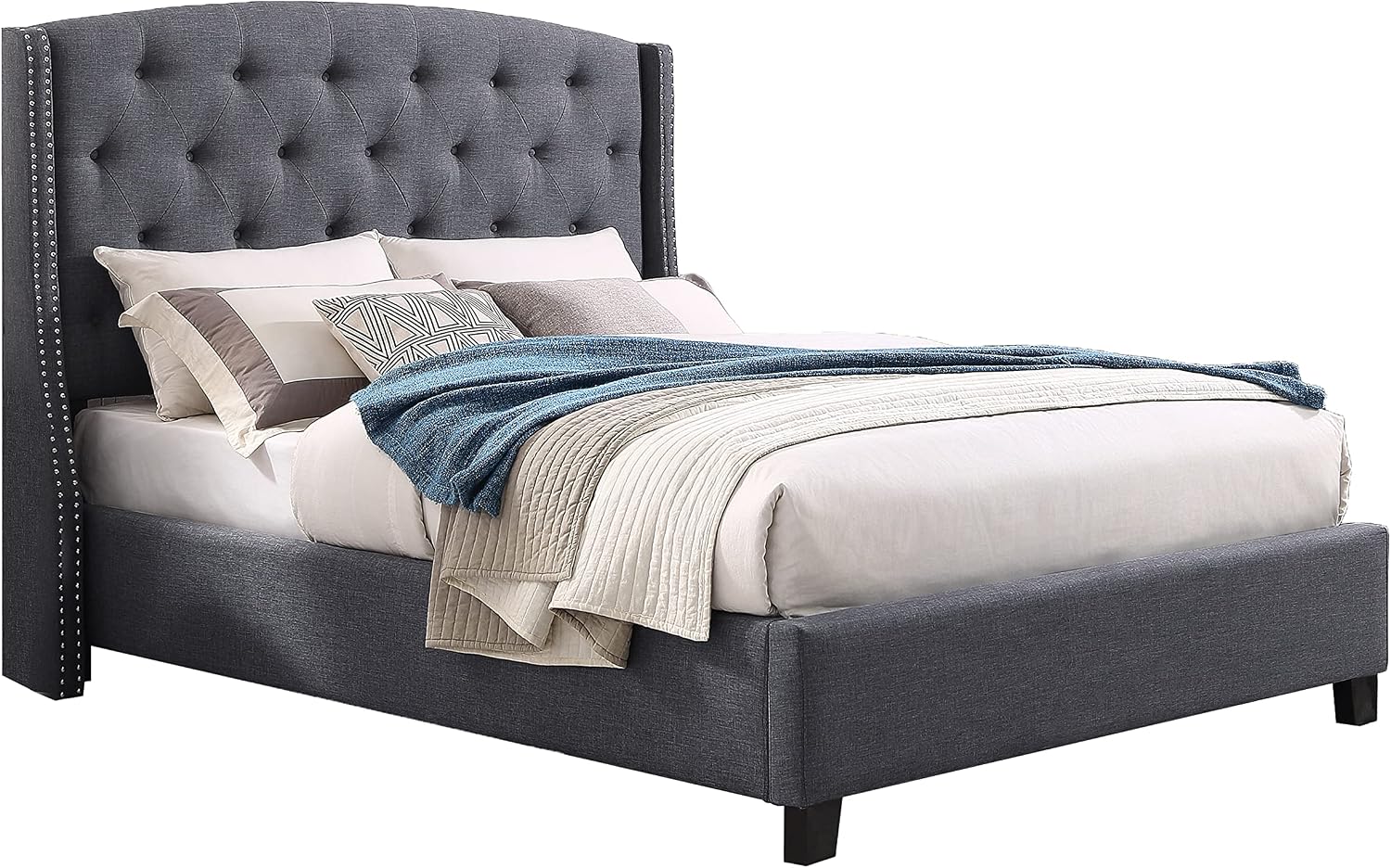 Roundhill Furniture Nantarre Fabric Tufted Wingback Upholstered Bed with Nailhead Trim, King, Gray