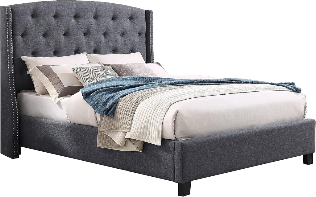 Roundhill Furniture Nantarre Fabric Tufted Wingback Upholstered Bed with Nailhead Trim, Queen, Gray