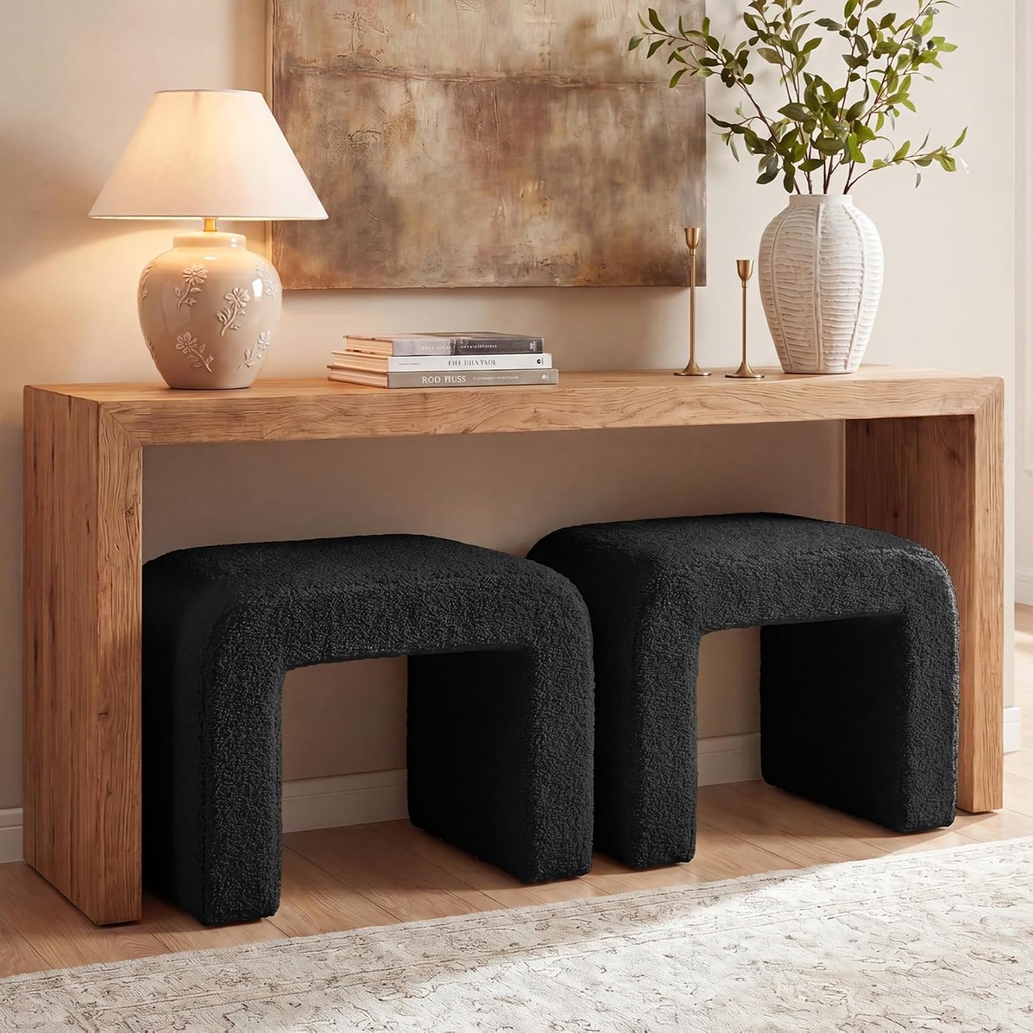Tribesigns Modern Vanity Stool, Sherpa Upholstered Foot Stool Ottoman, Large Foot Rest for Couch, Shoe Bench for Entryway, Extra Seating for Living Room, Bedroom, Dressing Room, No Assembly, Black