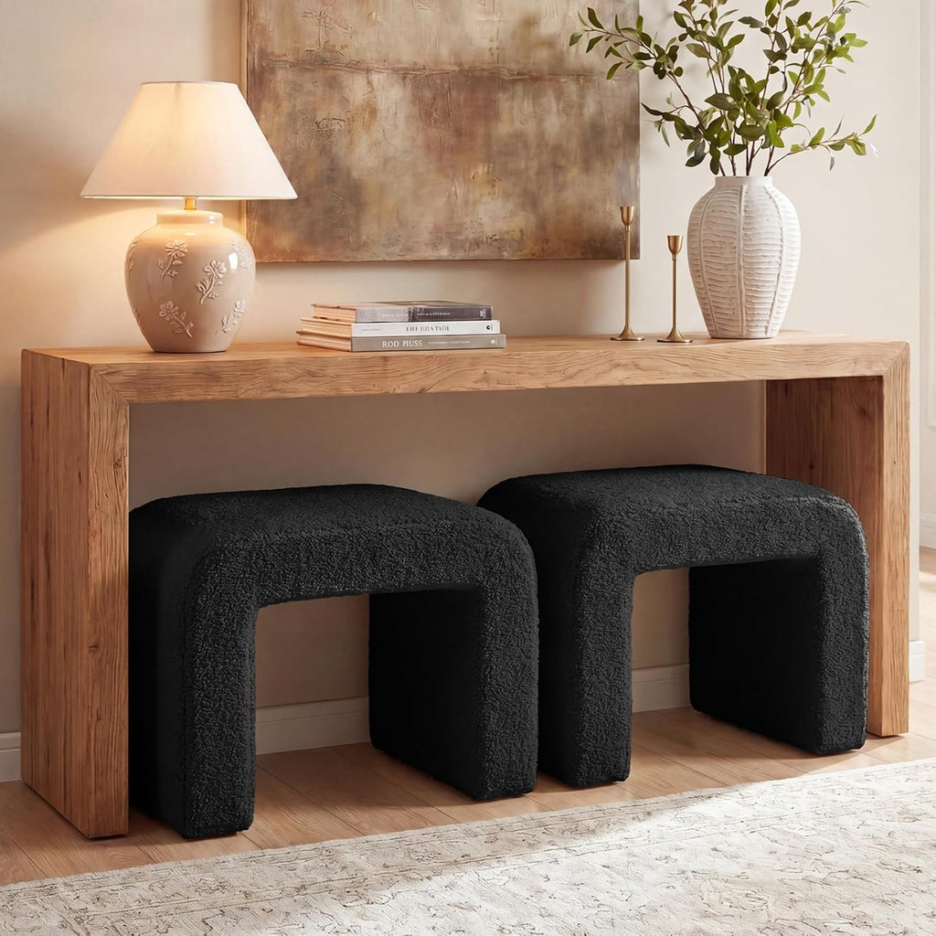 Tribesigns Set of 2 Modern Vanity Stool, Sherpa Upholstered Foot Stool Ottoman, Large Foot Rest for Couch, Shoe Bench for Entryway, Extra Seating for Living Room, Bedroom, No Assembly, Black
