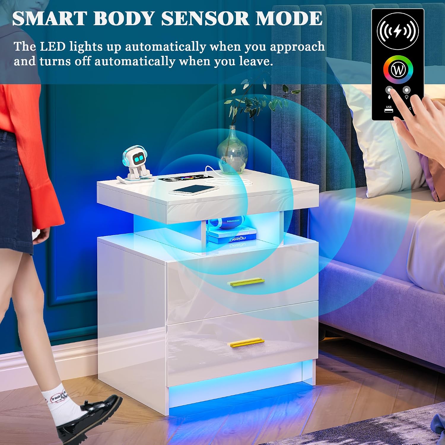 WOOVIVS Night Stand with Light, High Gloss Nightstand with USB/Wireless Charging Station, LED White Nightstands with Storage Drawers, RGB Side End Table for Bedroom Furniture（White