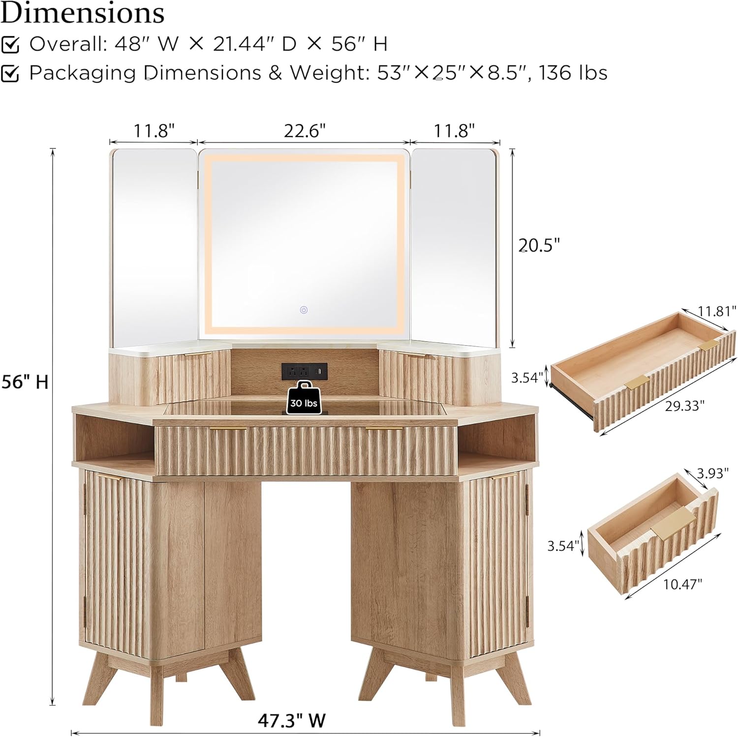 T4TREAM Fluted Makeup Vanity Desk with 3 Way Mirror and Lights, 48' Large Corner Vanity Table with Glass Top, Charging Station, 3 Drawers, Storage Cabinets & Shelves, for Bedroom, Natural Oak