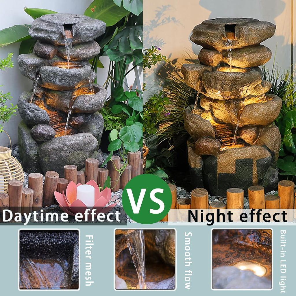 Bumilgar The 4-Tiered Water Fountain Outdoor&Indoor Fountain with Lights, 28.35' Waterfall Fountain for Garden, Patio, Yard, and Lawn, Natural Stone Look Water Features Outdoor Patio