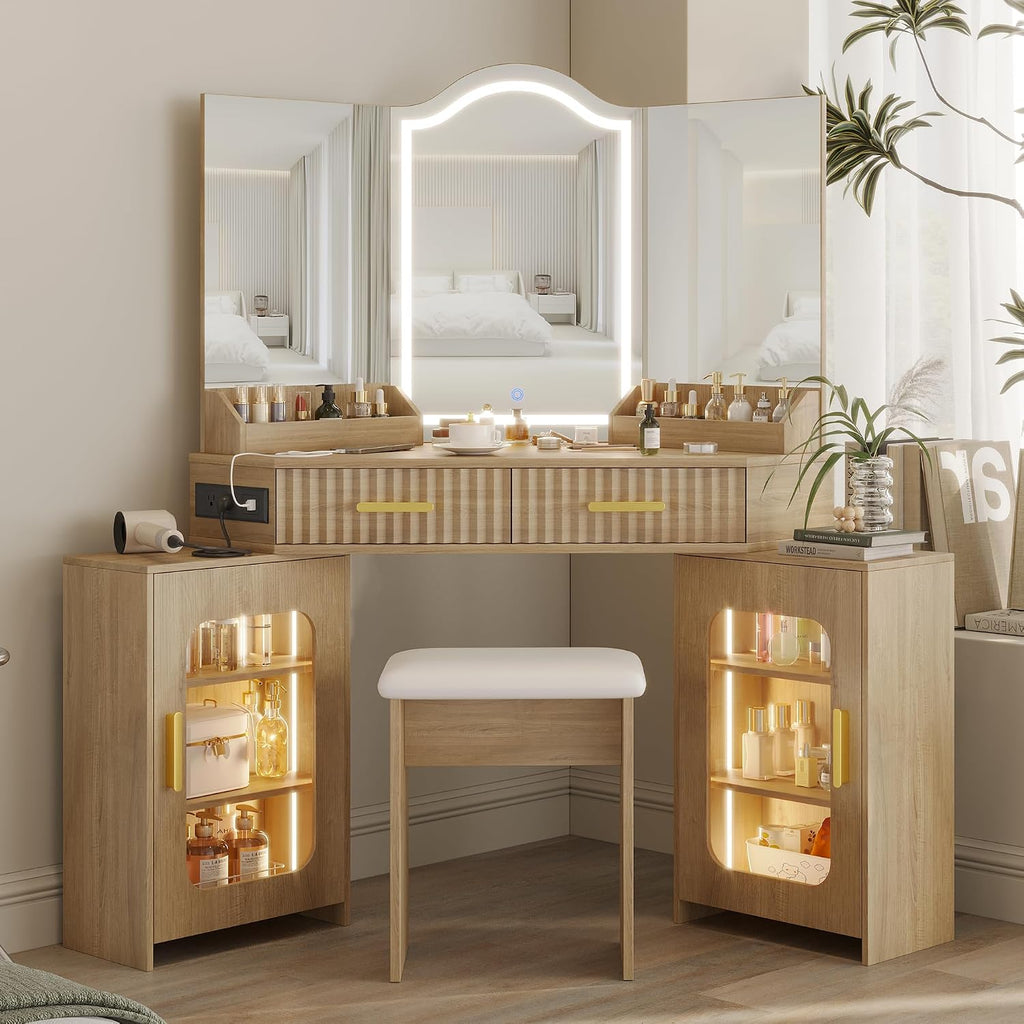 Corner Vanity Desk with 3 Way Mirror & LED Lights, Makeup Table Set with Charging Station, Storage Drawers & Side Cabinets, Modern Bedroom Dressing Table for Women & Girls Birthday Gift