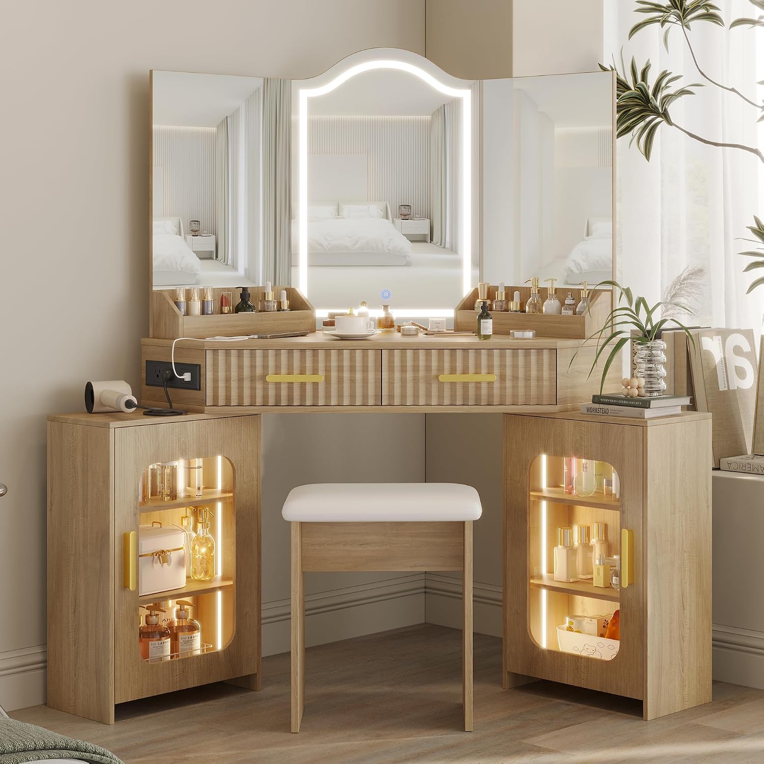 Corner Vanity Desk with 3 Way Mirror & LED Lights, Makeup Table Set with Charging Station, Storage Drawers & Side Cabinets, Modern Bedroom Dressing Table for Women & Girls Birthday Gift