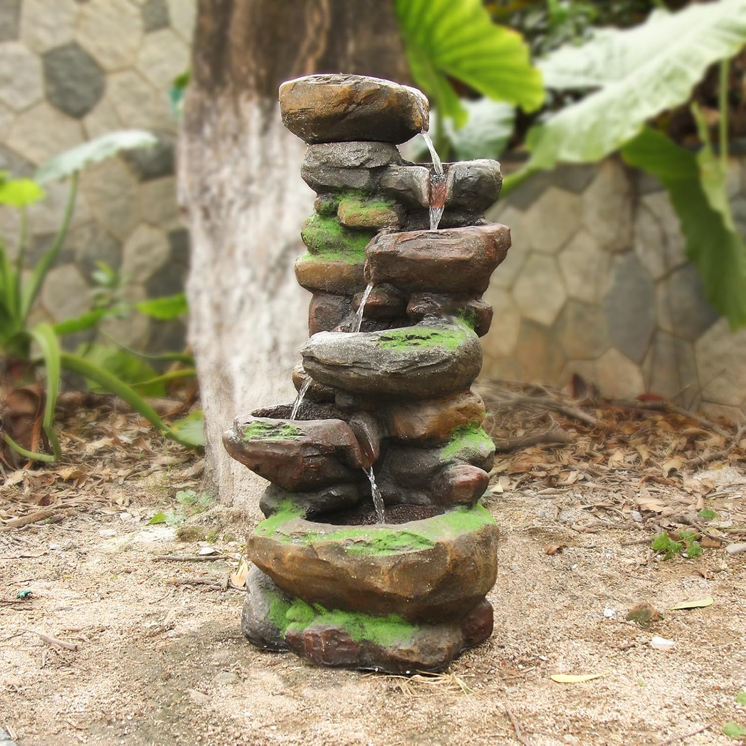 YZM 6-Tiered Outdoor Floor Rock Water Fountain Cascading Waterfall Fountains Indoor Led Lights for Home Garden Patio with Natural Stone Look 37.4' H