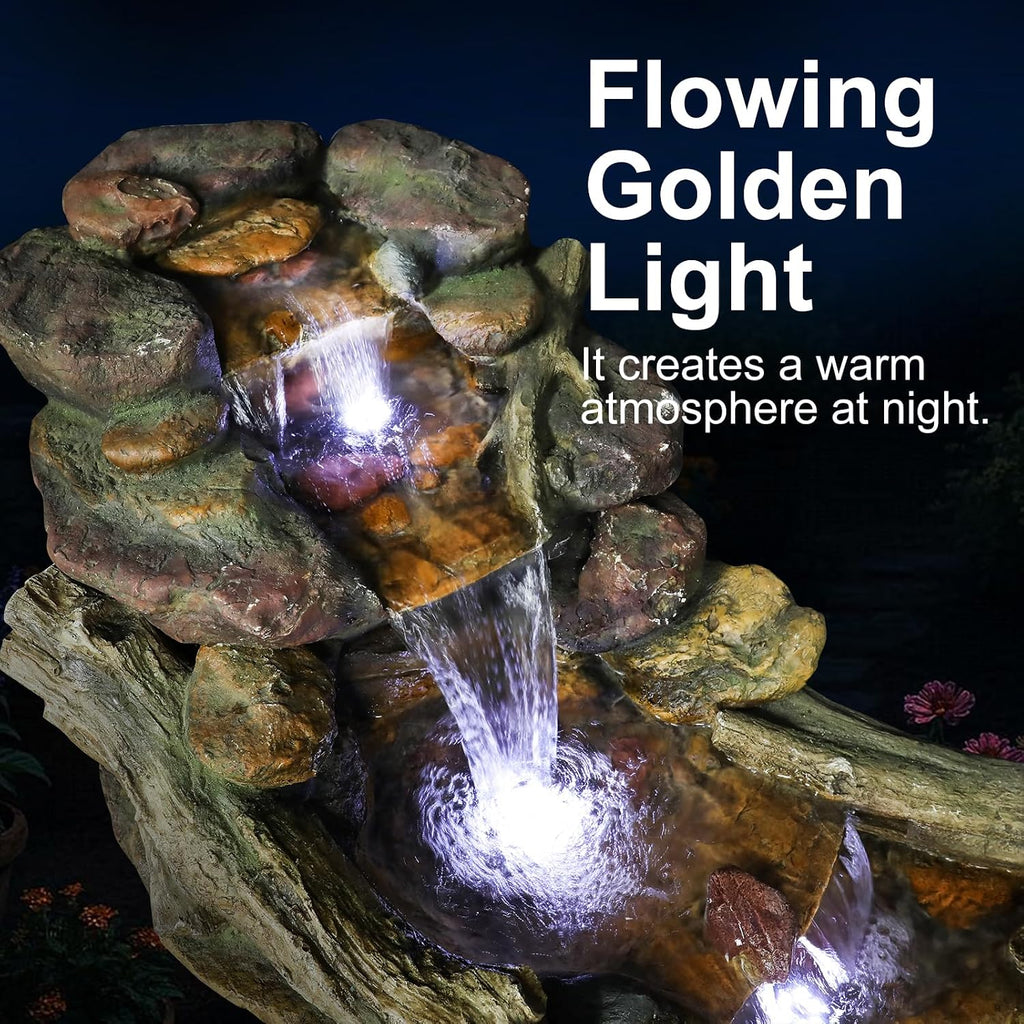 Naturefalls 39' Length Outdoor Rock Water Fountain with LED Lights - 3-Tiers Poly-Resin Cascading Waterfall Fountain for Garden, Patio, Yard, Home Decor
