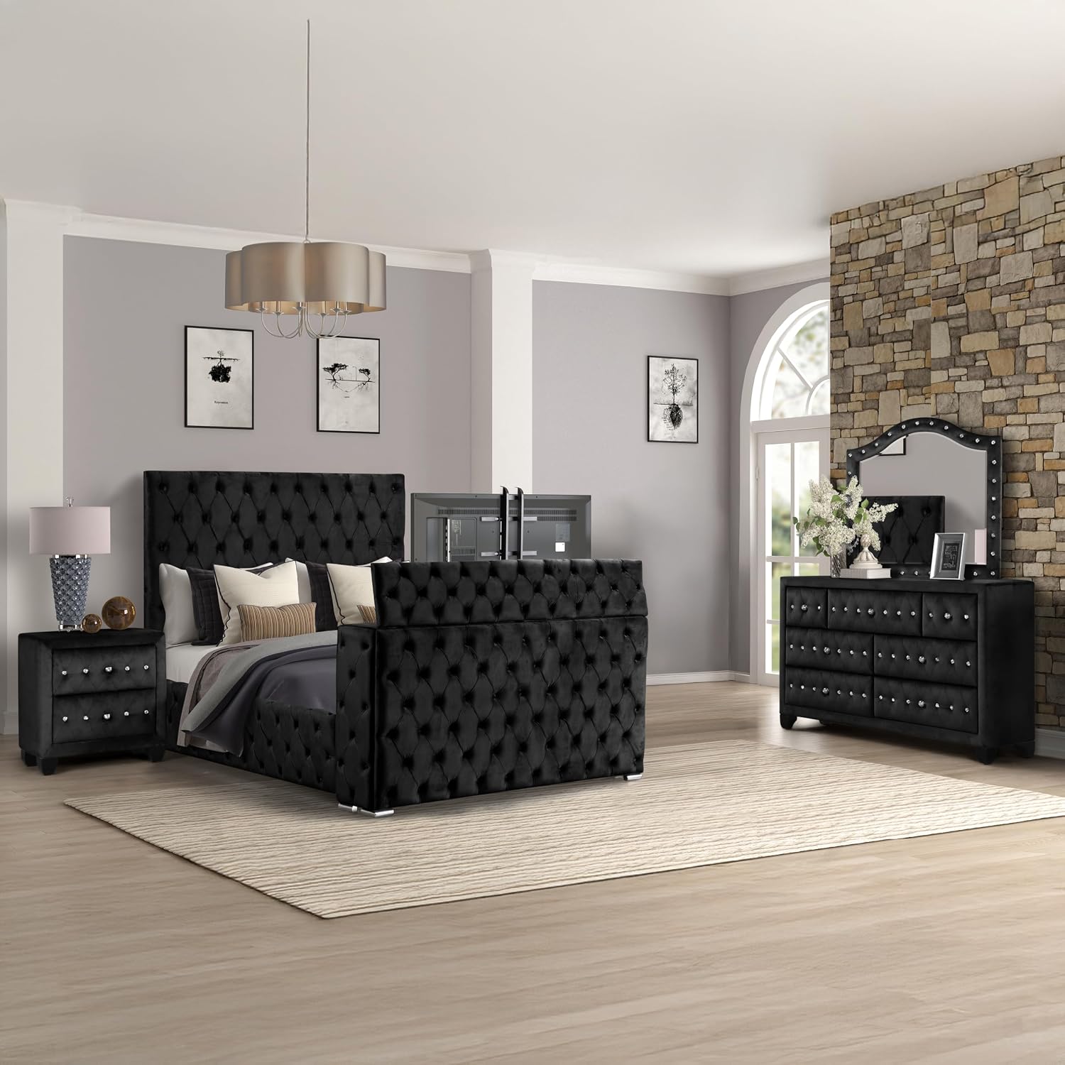 GOWE Encore Modern Style Tufted and Upholstered King 4PC Bedroom Set Made with Wood in Black(NJ Inventory)