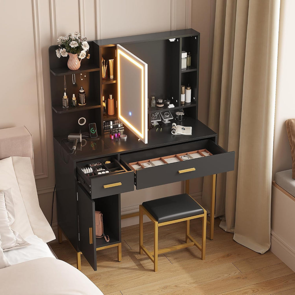IDEALHOUSE Vanity Desk with Mirror and Lights, 42.5' Makeup Vanity Set with Stool, Makeup Table with Mirror Cabinet and Chair, Drawers & Shelves, Dressing Table with Outlet for Bedroom, Black