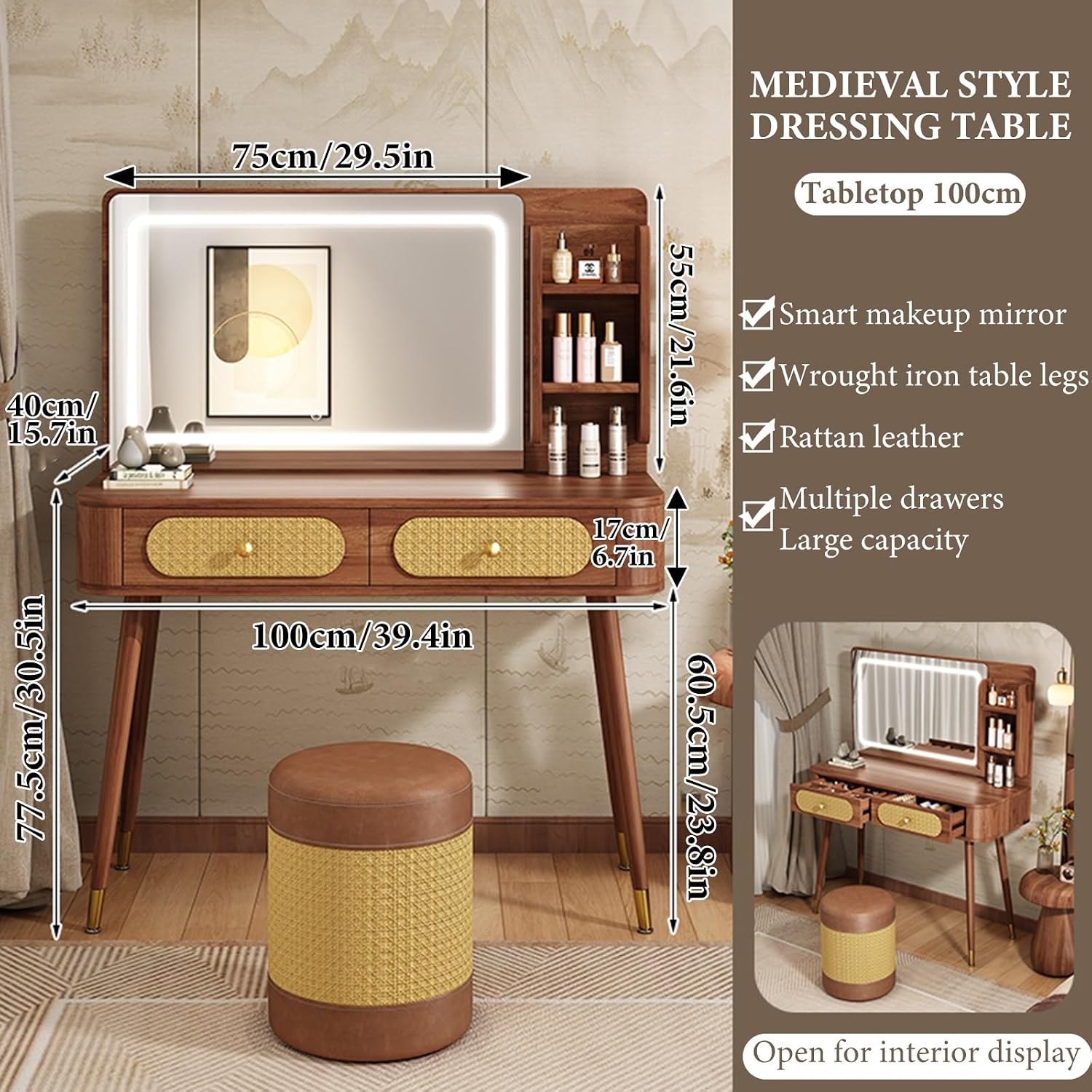 Vanity Mirror with Lights,small Make Up Vanity Desk Medieval Style,with 3 Color Touch Screen Dimming Mirror,with 1 Drawers,Large Vanity Tabel Set,Storage Bench Bedroom Small Space(100cm/39.4in)