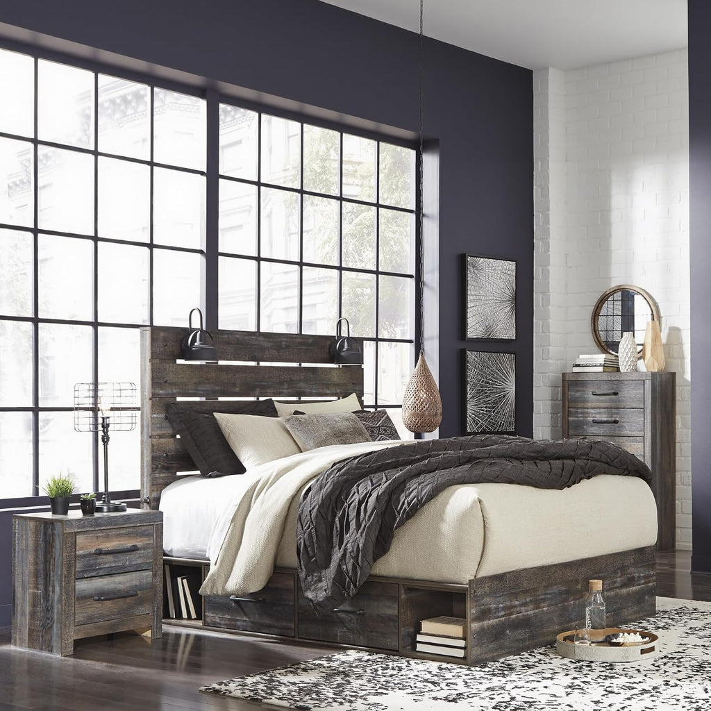 Signature Design by Ashley Drystan Rustic King Panel Platform Bed with 4 Storage Drawers, Open Cubbies, Sconce LED Lights and USB Ports, Foundation or Box Spring Not Needed, Dark Brown & Gray