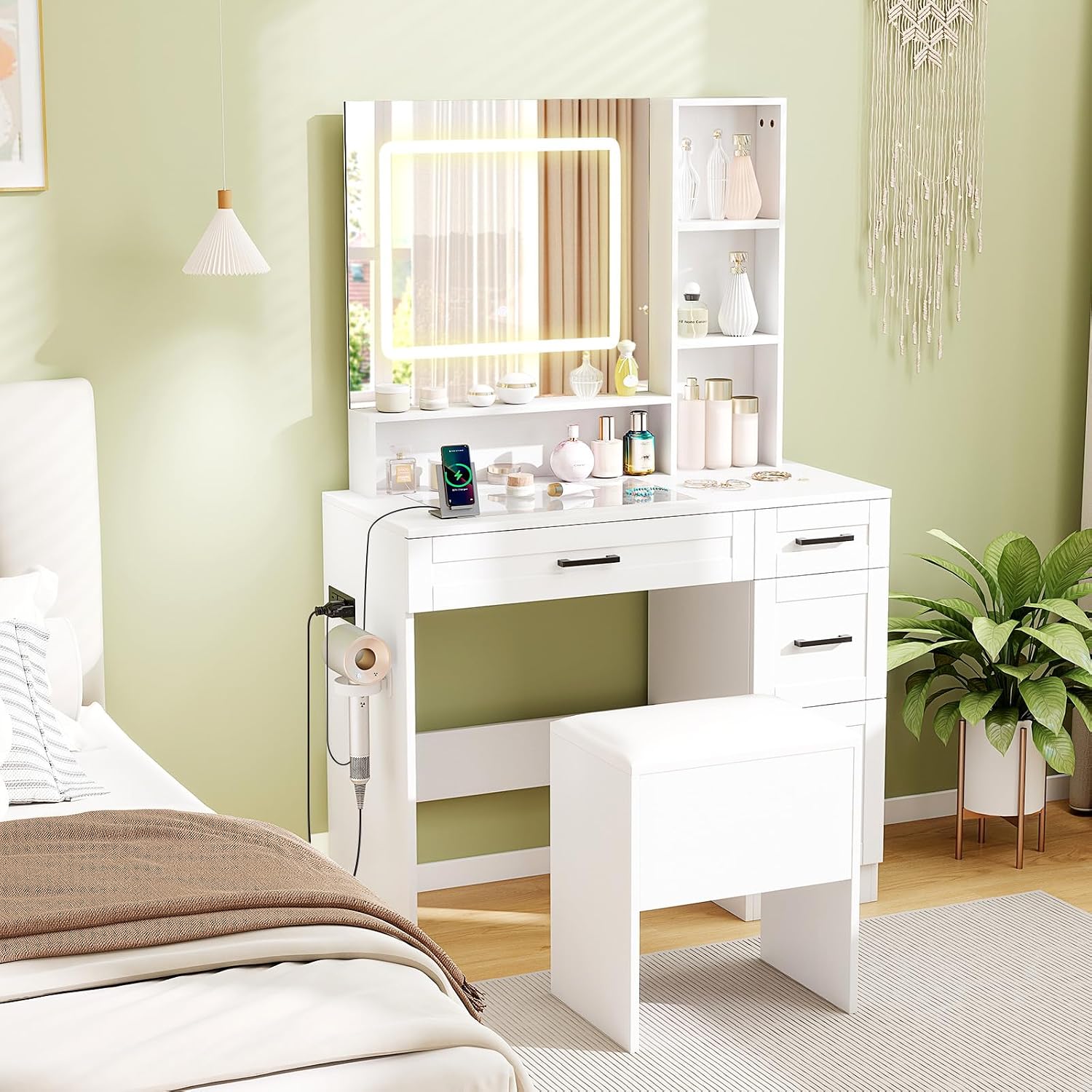 CHARMAID Vanity Desk with Mirror and Lights, Glass Top Makeup Vanity Table with Charging Station, Drawers & Shelves, Storage Stool, 3-Color Lighted Mirror, Modern White Dressing Table for Bedroom