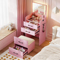 3 in 1 Vanity Desk with Flip up Mirror and Lights, Glass Top Makeup Vanity Table with Charging Station,LED Compact Dressing Table with 3 Drawer and Wheel Storage Stool for Bedroom(Pink)