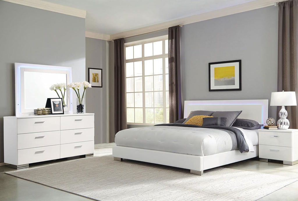 Coaster Home Furnishings Felicity Contemporary 4-Piece Bedroom Set California King Size LED Panel Bed Frame 49-inch Headboard White High Gloss 203500KW-S4L