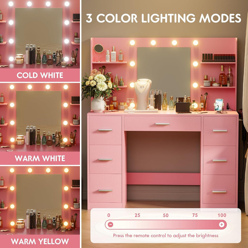 VICTONE Vanity Desk with LED Lighted Mirror&Power Outlet, 3 Model Lights Makeup Vanity Table with 7 Drawers and 6 Storage Shelves for Bedroom and Dressing Room (Light Pink)