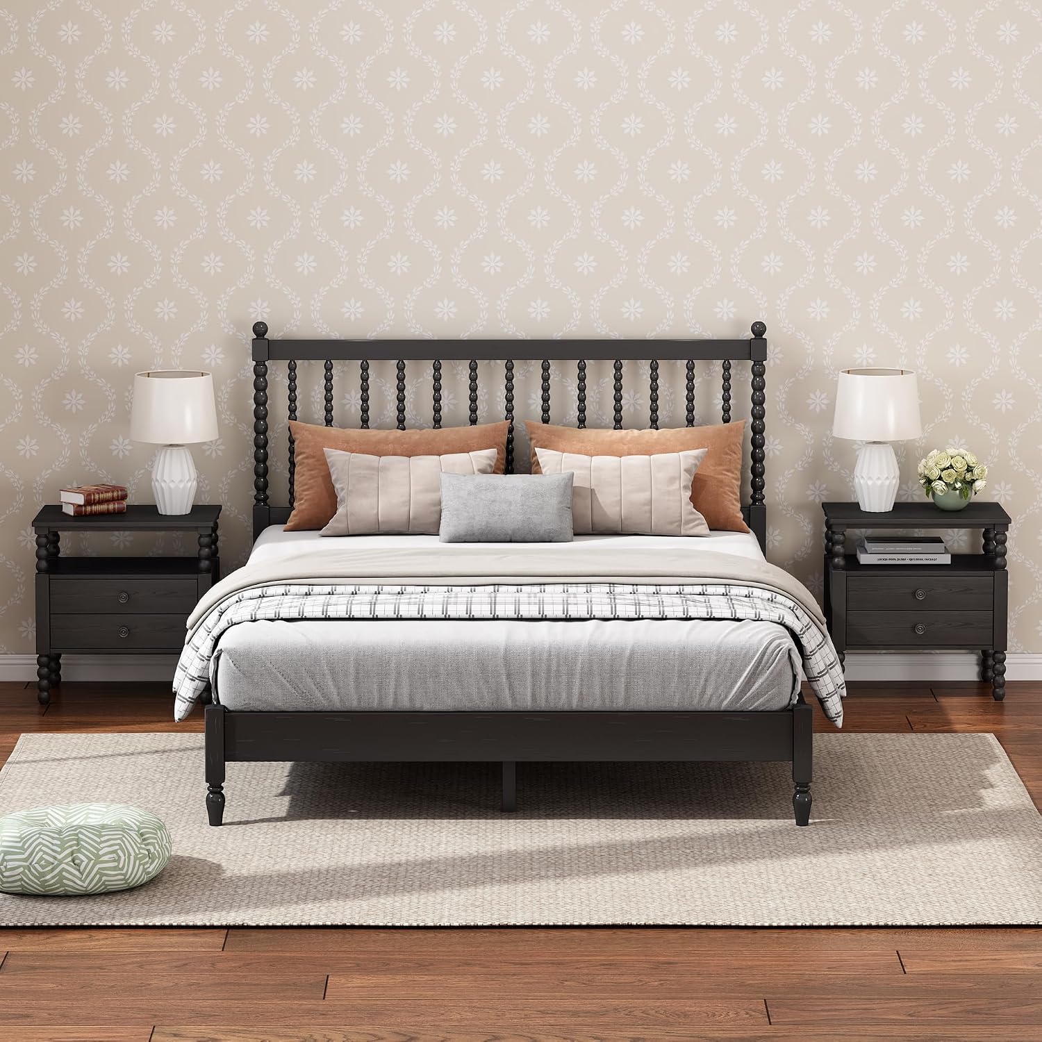 Generic 3 s Bedroom Sets King Size Wood Platform Bed with Gourd Shaped Headboard with 2 Nightstands,Antique Black
