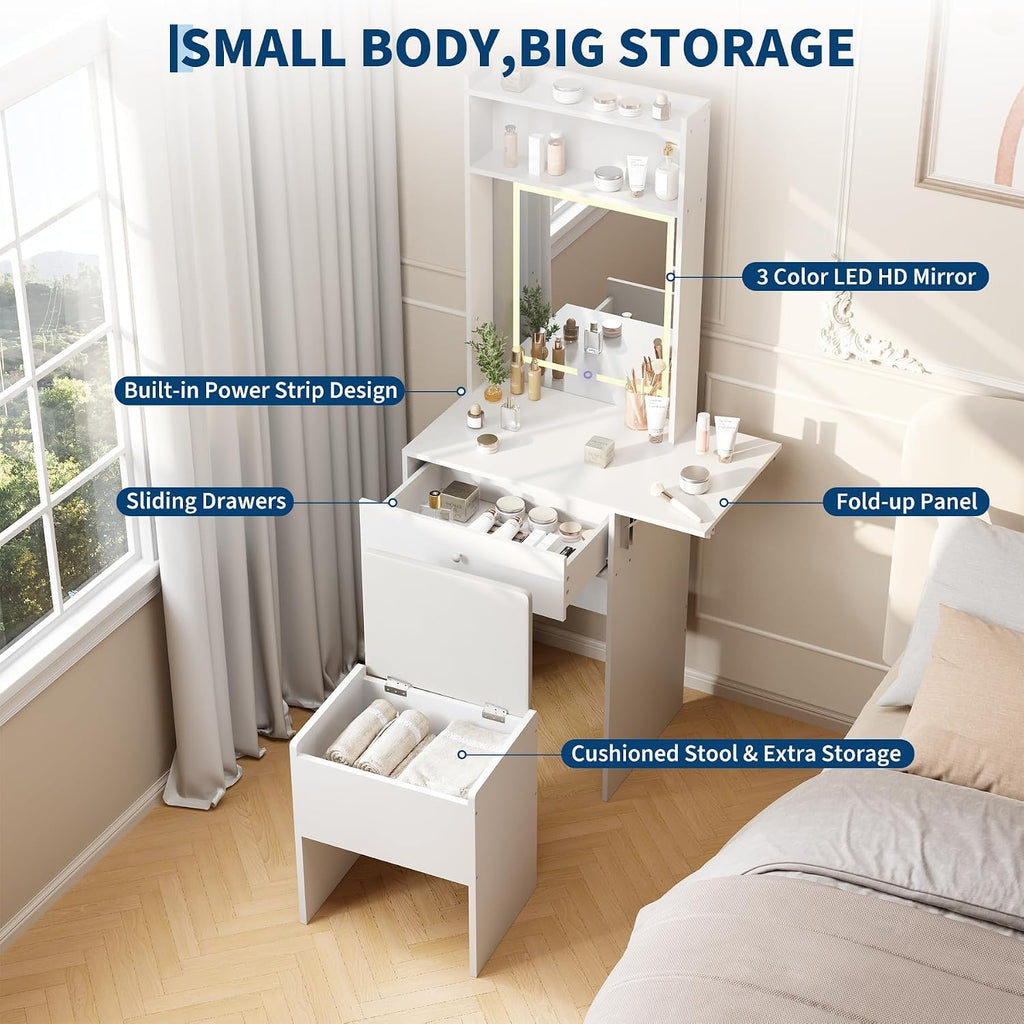 Garvee White Makeup Vanity Desk with Smart LED Mirror & Power Station, Small Vanity Desk with with Fold-up Panel, Storage Chair and Open Shelves for Bedroom