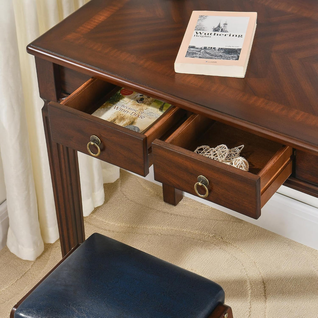 Biaco Small Wood Makeup Vanity Desk Set, Vintage Dressing Vanity Table Set with 2 Drawers & Matching Padded Bench Stool Writing Desk with Button Tufted Cushioned Stool, Cherry&Beige