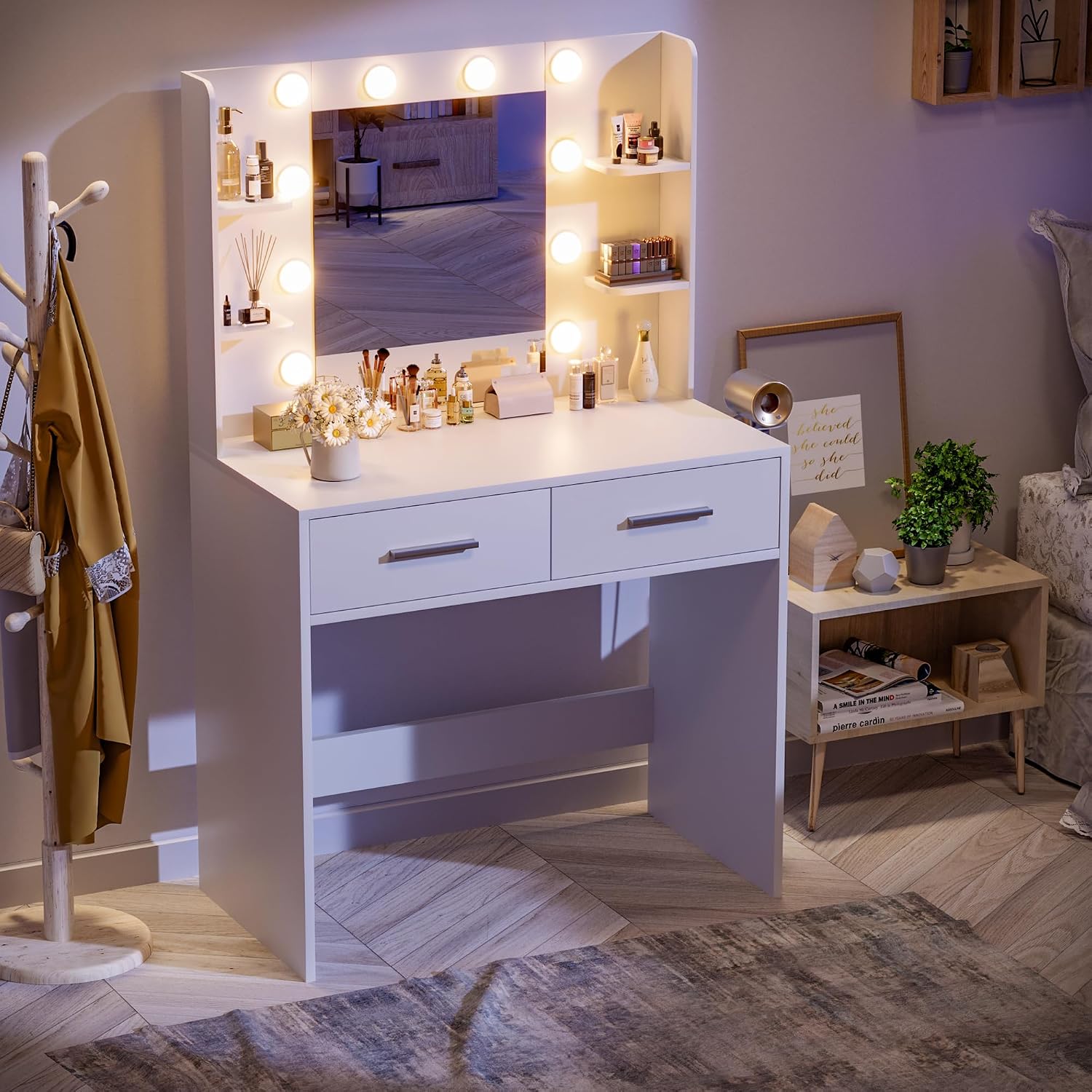 JUMMICO Makeup Vanity Desk with Mirror and Lights Power Outlet, Vanity Table Makeup Desk 2 Drawers, 6 Storage Shelves Hairdryer Holder & Bench Dressing Table for Bedroom (White, No Bench)