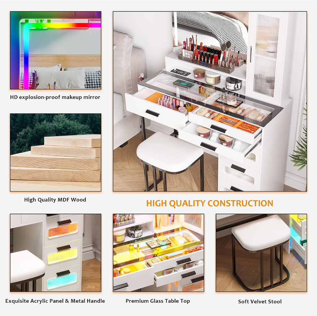 WOOVIVS Vanity with LED Mirror, Makeup Desk with 24 RGB Atuo Lighted Drawers for Bedroom, Glass Top Vanities Table Set with Wireless Charging Station, Chair,Jewelry Organizer for Girls/Women (White)