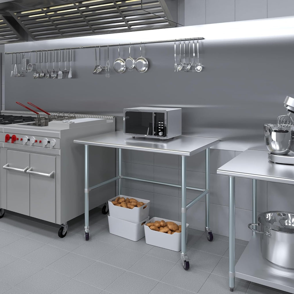 AmGood Stainless Steel Work Table Open Base & Wheels | Work Station | Metal Work Bench (Stainless Steel Work Table Open Base + Casters, 48' Long x 30' Deep)
